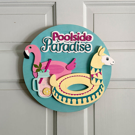 Decorative sign with pool-themed design on a door
