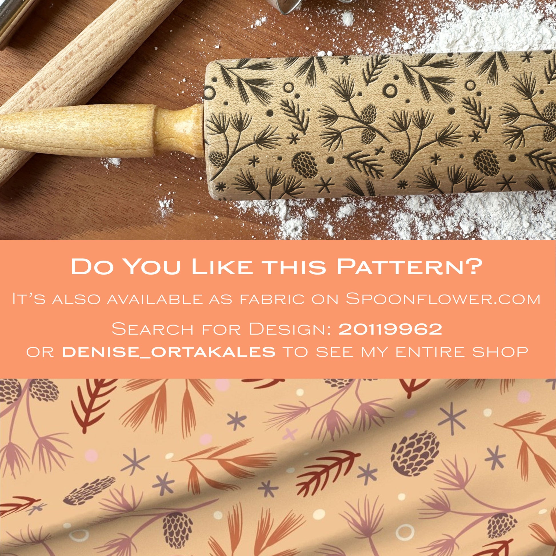 Rolling pin with floral pattern on a wooden surface with flour, and fabric swatch below.
