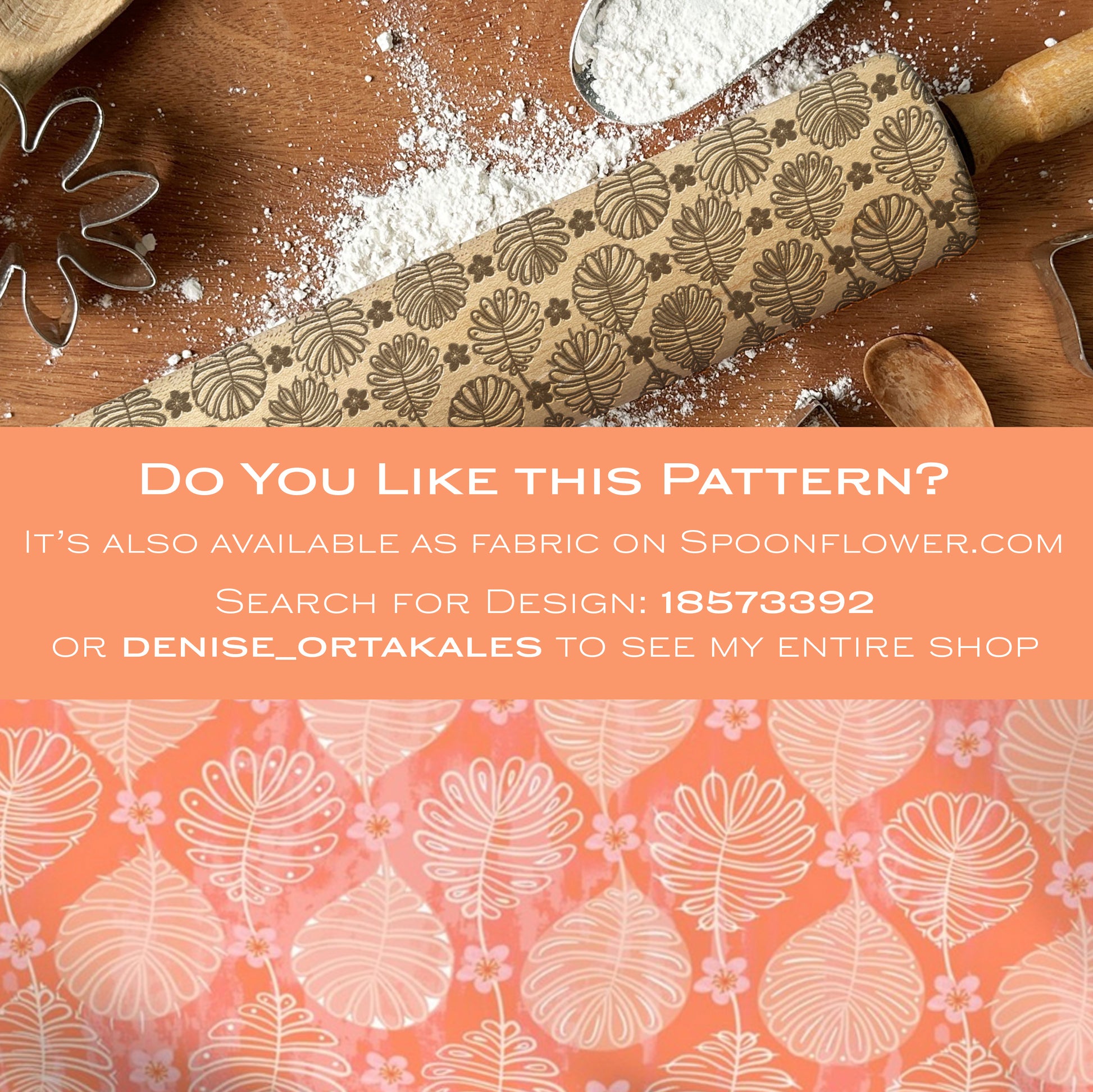 Patterned rolling pin on a wooden surface with text overlay about Spoonflower.com