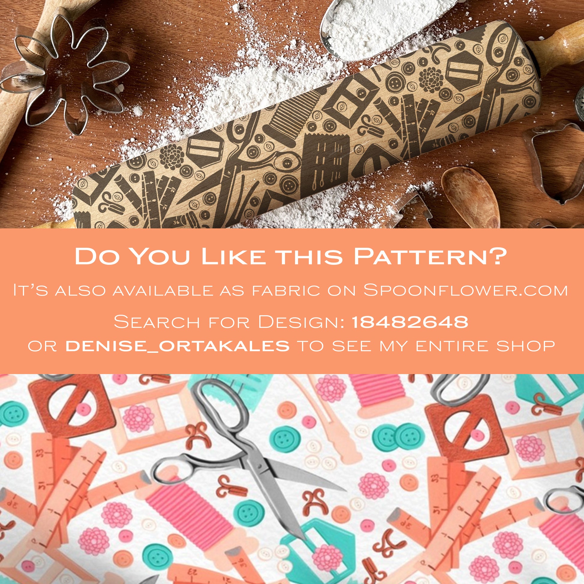 Decorative rolling pin with pattern on a wooden surface with flour, surrounded by cookie cutters.