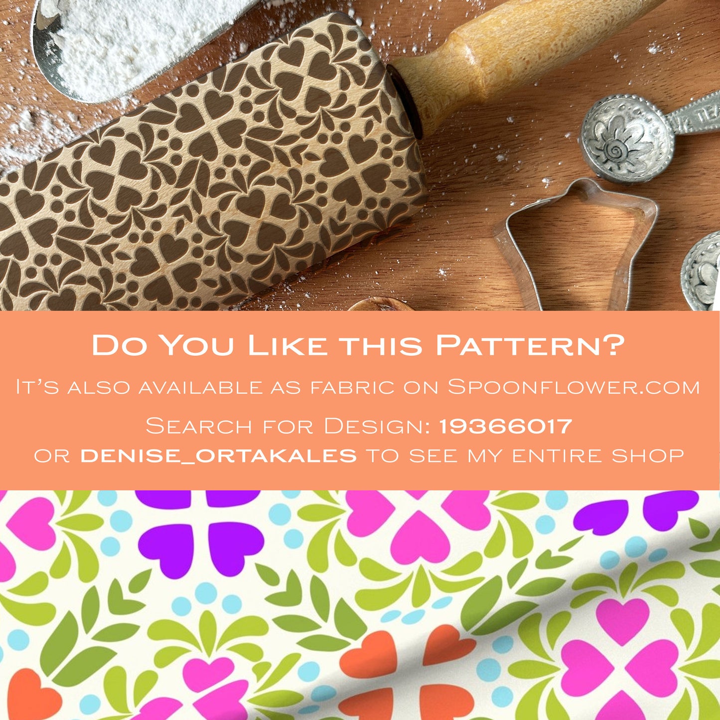 Patterned rolling pin on a wooden surface with text overlay about Spoonflower.com