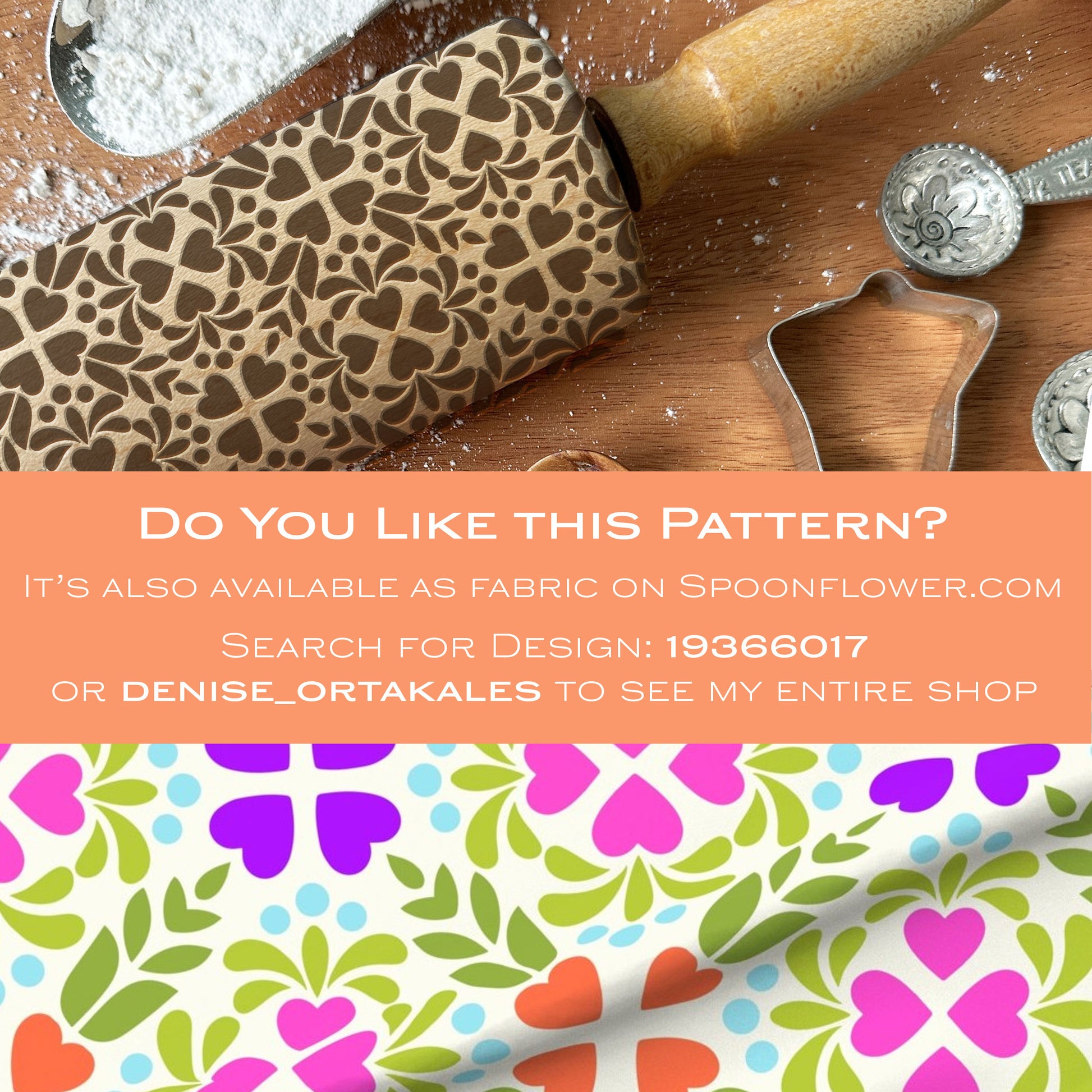 Patterned rolling pin on a wooden surface with text overlay about Spoonflower.com