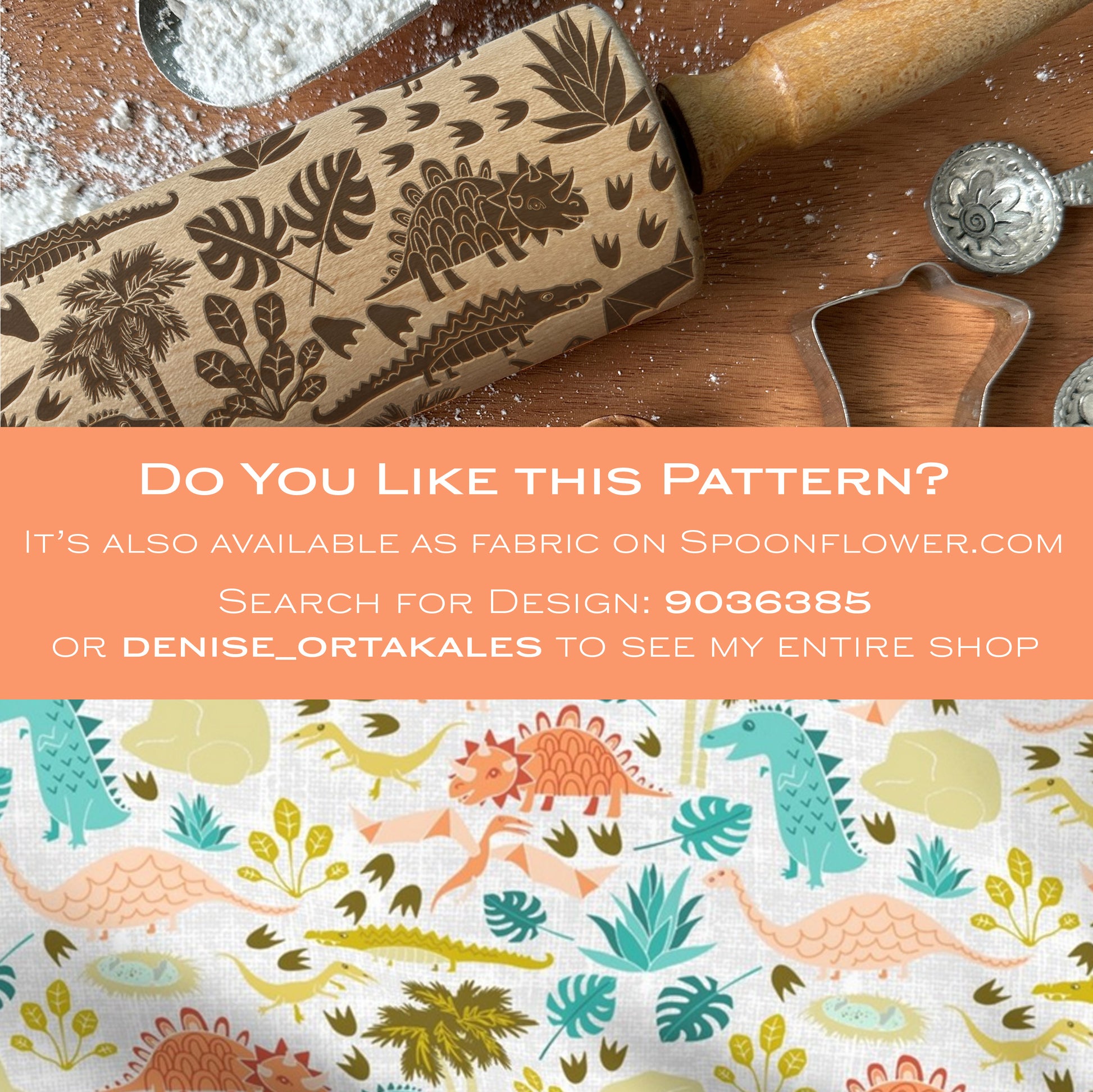 Wooden rolling pin with embossed pattern on a wooden surface, next to fabric with dinosaur pattern.