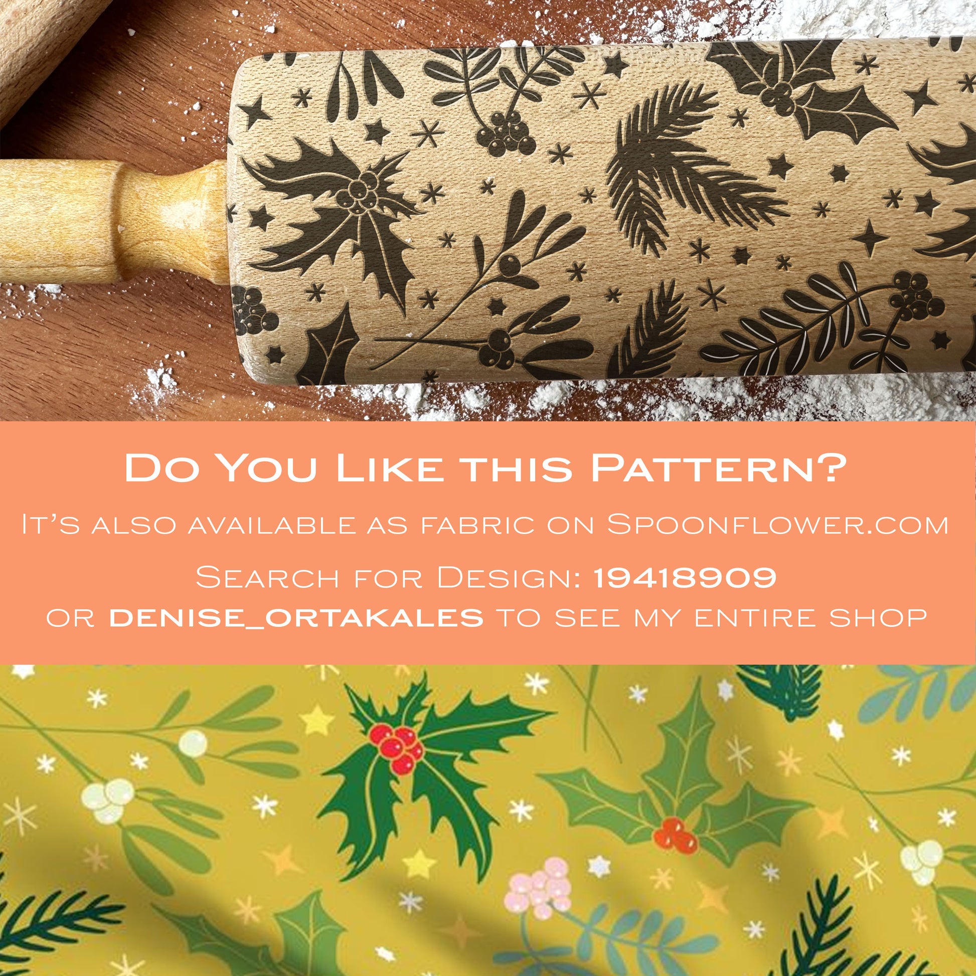 Rolling pin with floral pattern on a wooden surface, accompanied by fabric swatch with similar design.