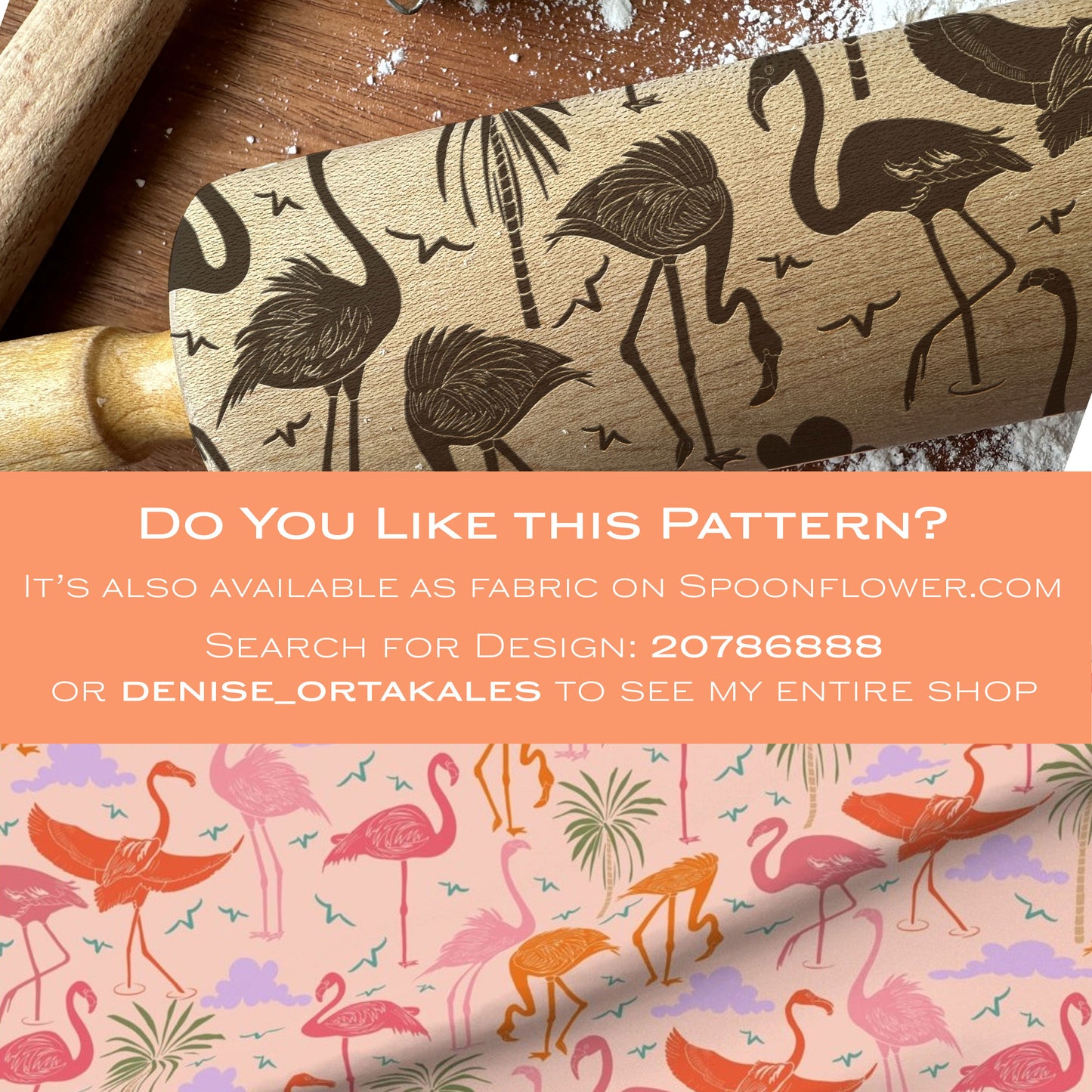 Flamingo patterned rolling pin on a wooden surface with promotional text overlay.