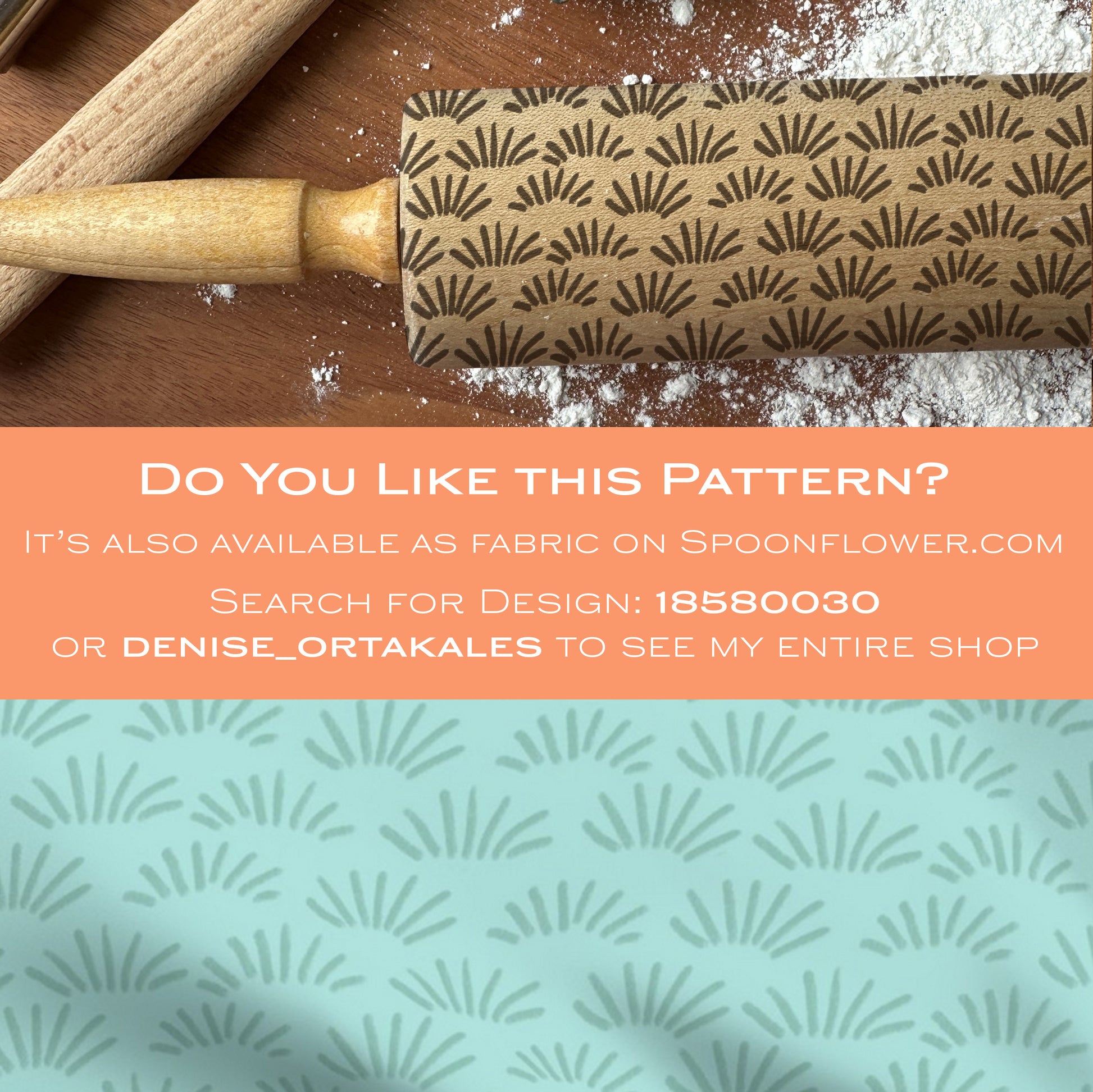 Patterned rolling pin on a wooden surface with promotional text overlay.