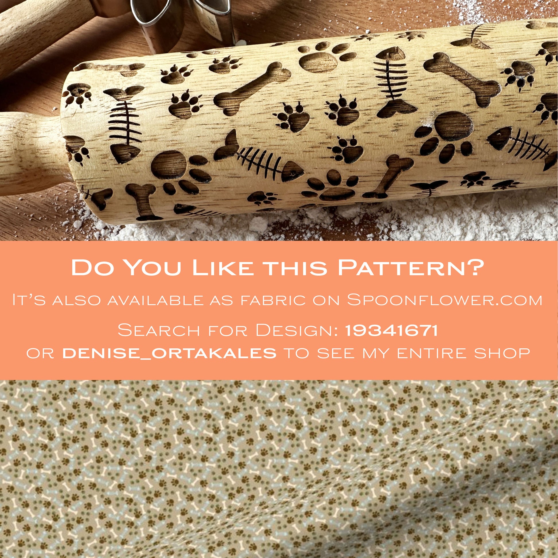 Wooden rolling pin with animal pattern on a surface with flour.
