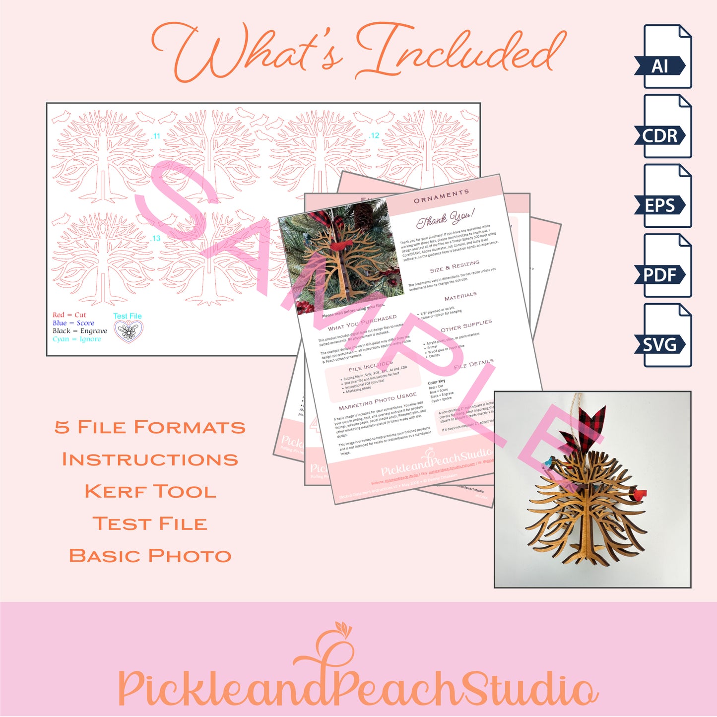 Promotional image of PickleandPeachStudio product with file formats and sample designs on a pink background.