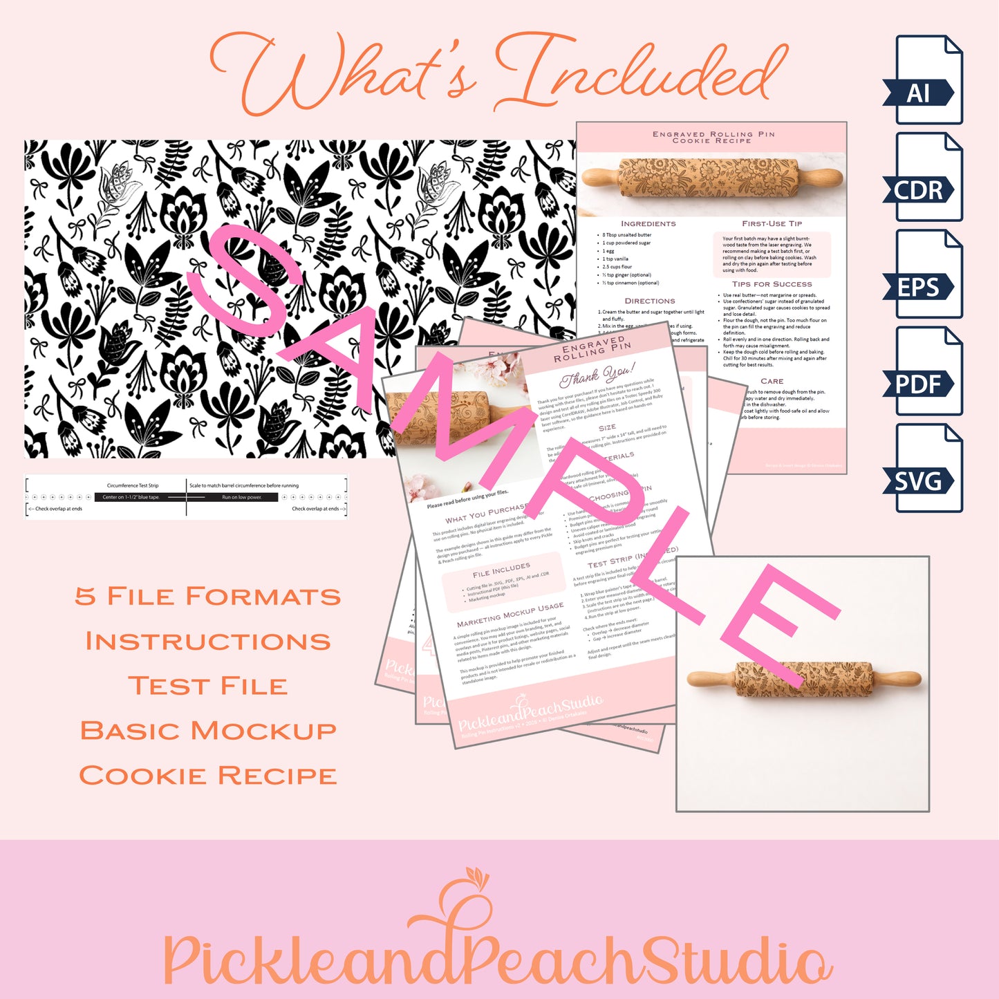 Promotional graphic for PickleandPeachStudio with file formats and sample text on a pink background.