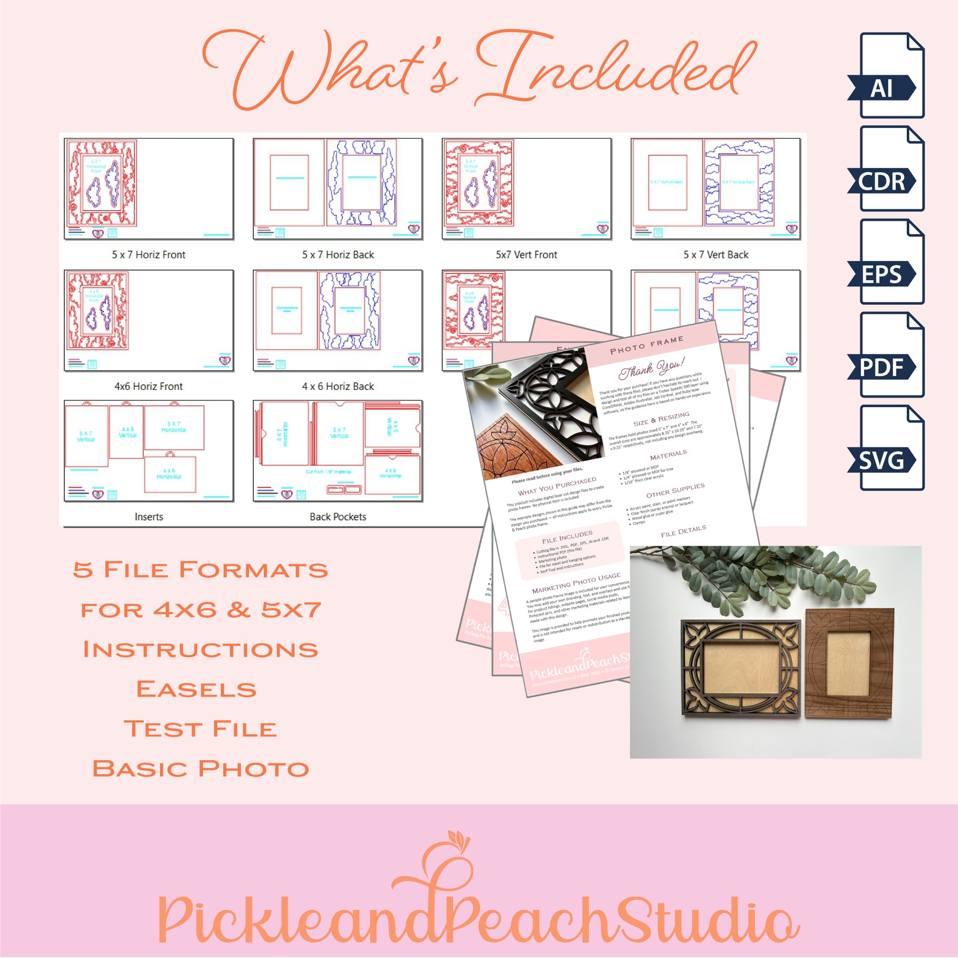 Product listing for PickleandPeachStudio with file formats, instructions, and sample images on a pink background.