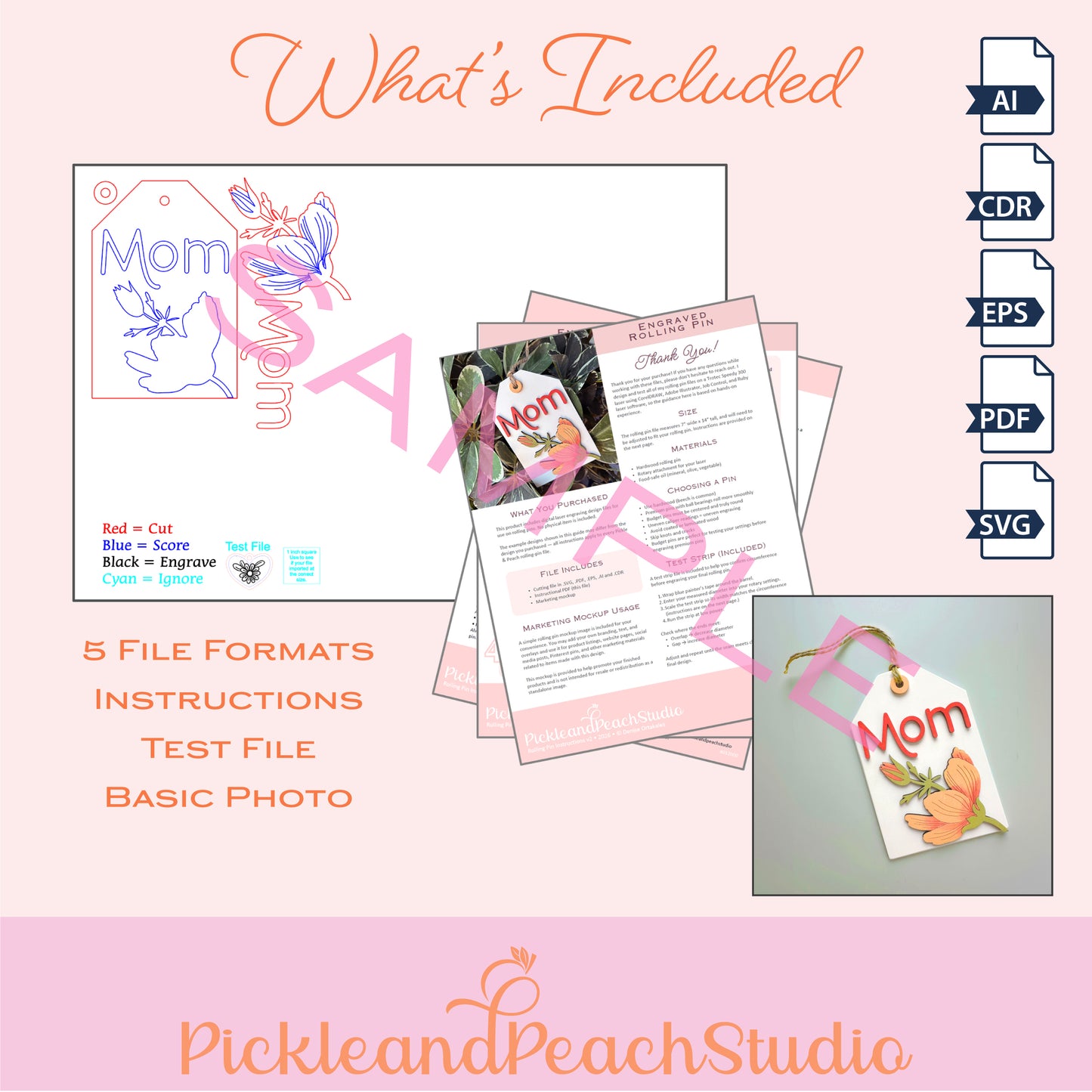 Promotional image of PickleandPeachStudio product with file formats and sample designs on a pink background.