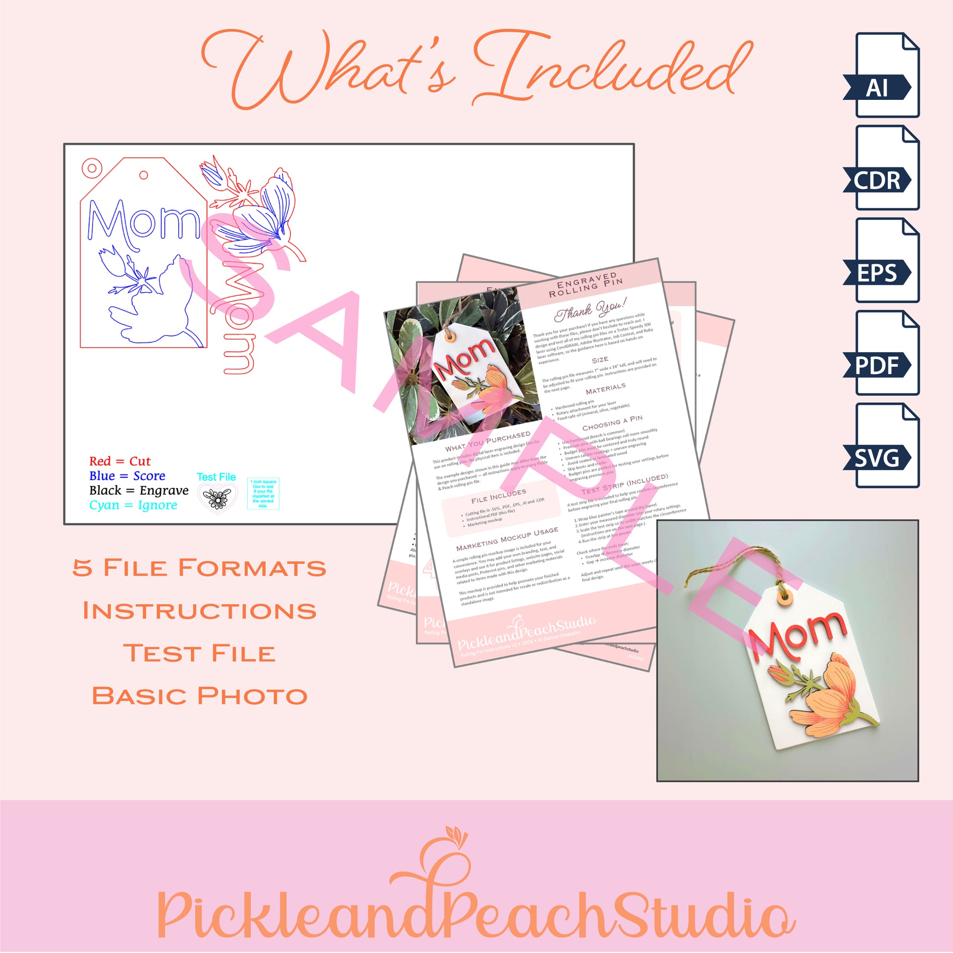 Promotional image of PickleandPeachStudio product with file formats and sample designs on a pink background.