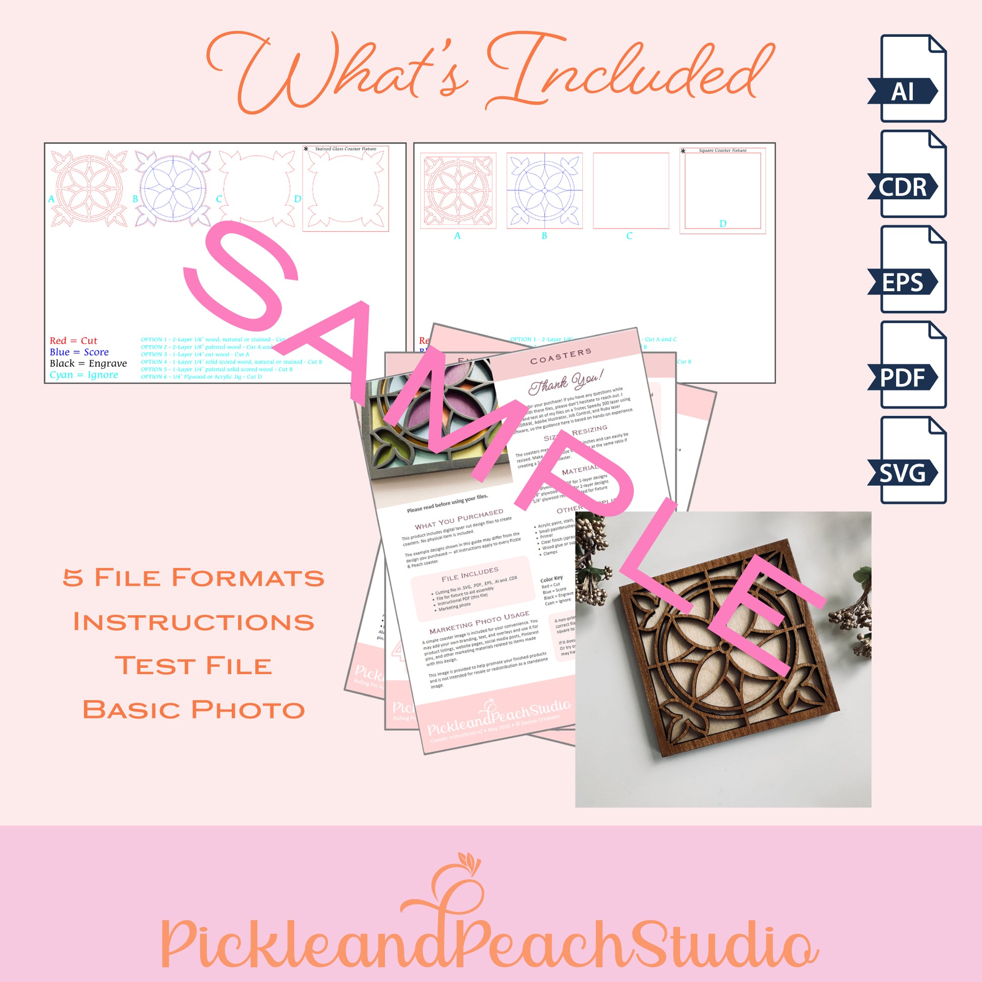 Promotional image for PickleandPeachStudio with sample files and formats on a pink background.