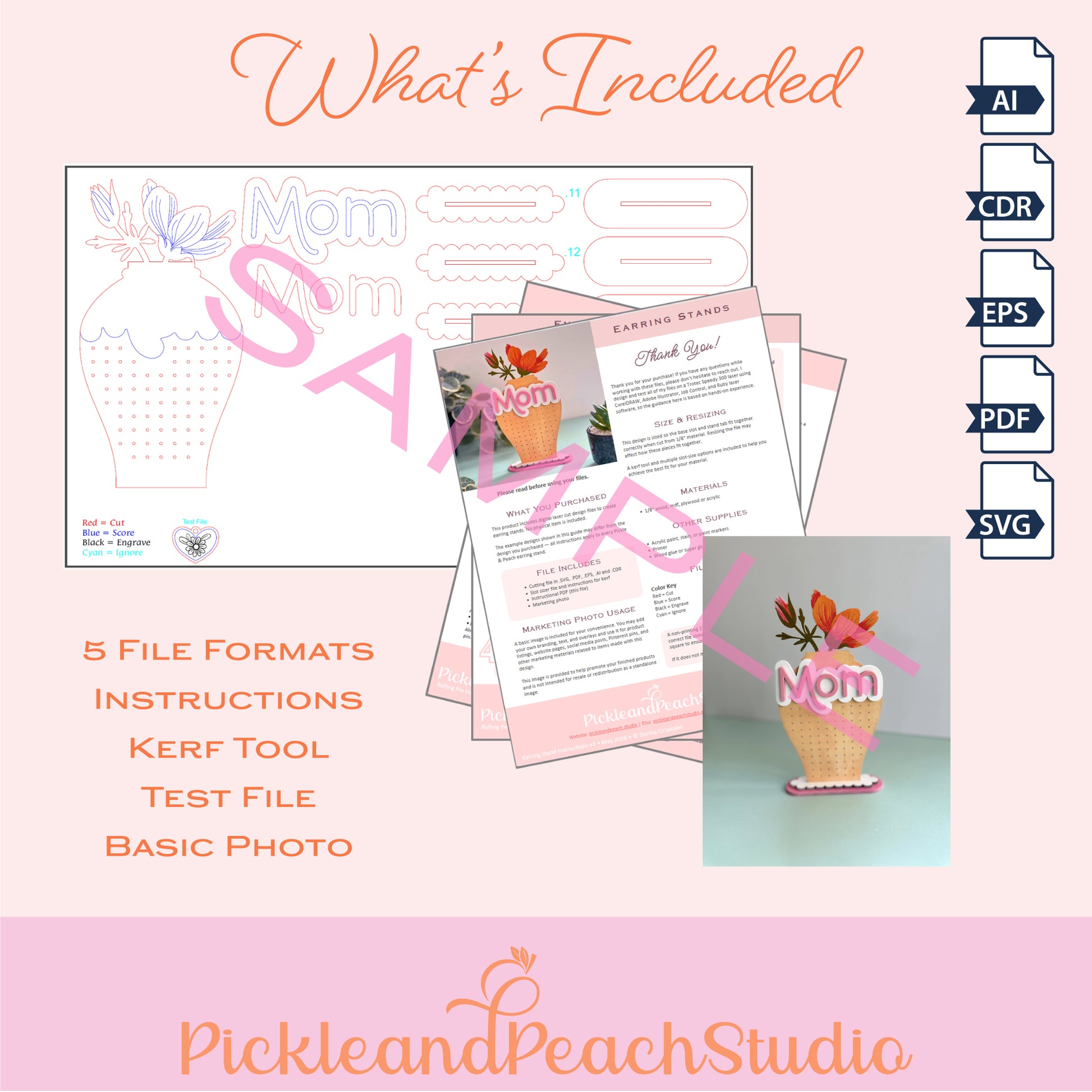 Product package with digital files and a physical item, featuring 'PickleandPeachStudio' branding.