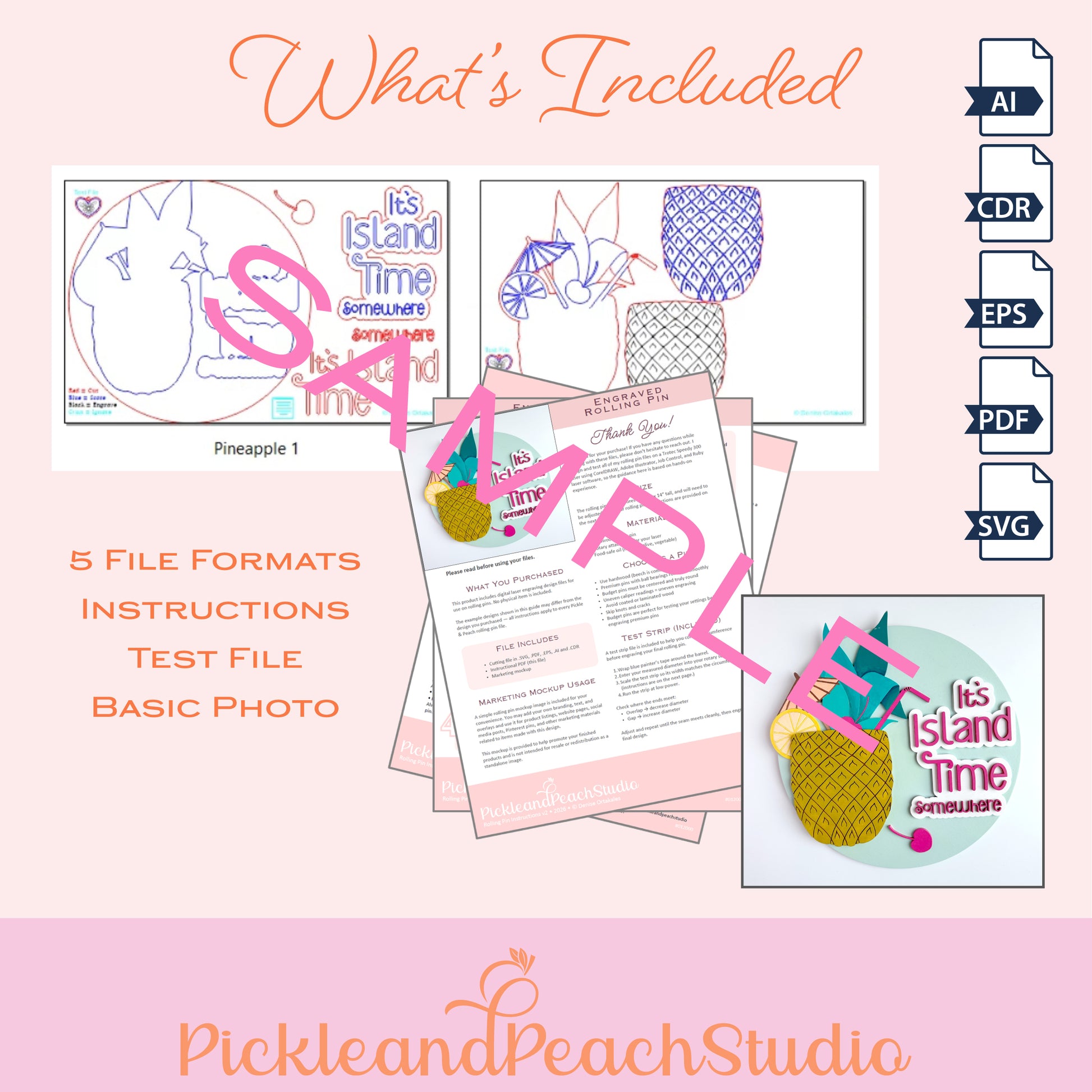 Promotional graphic for PickleandPeachStudio with file formats and product samples on a pink background.