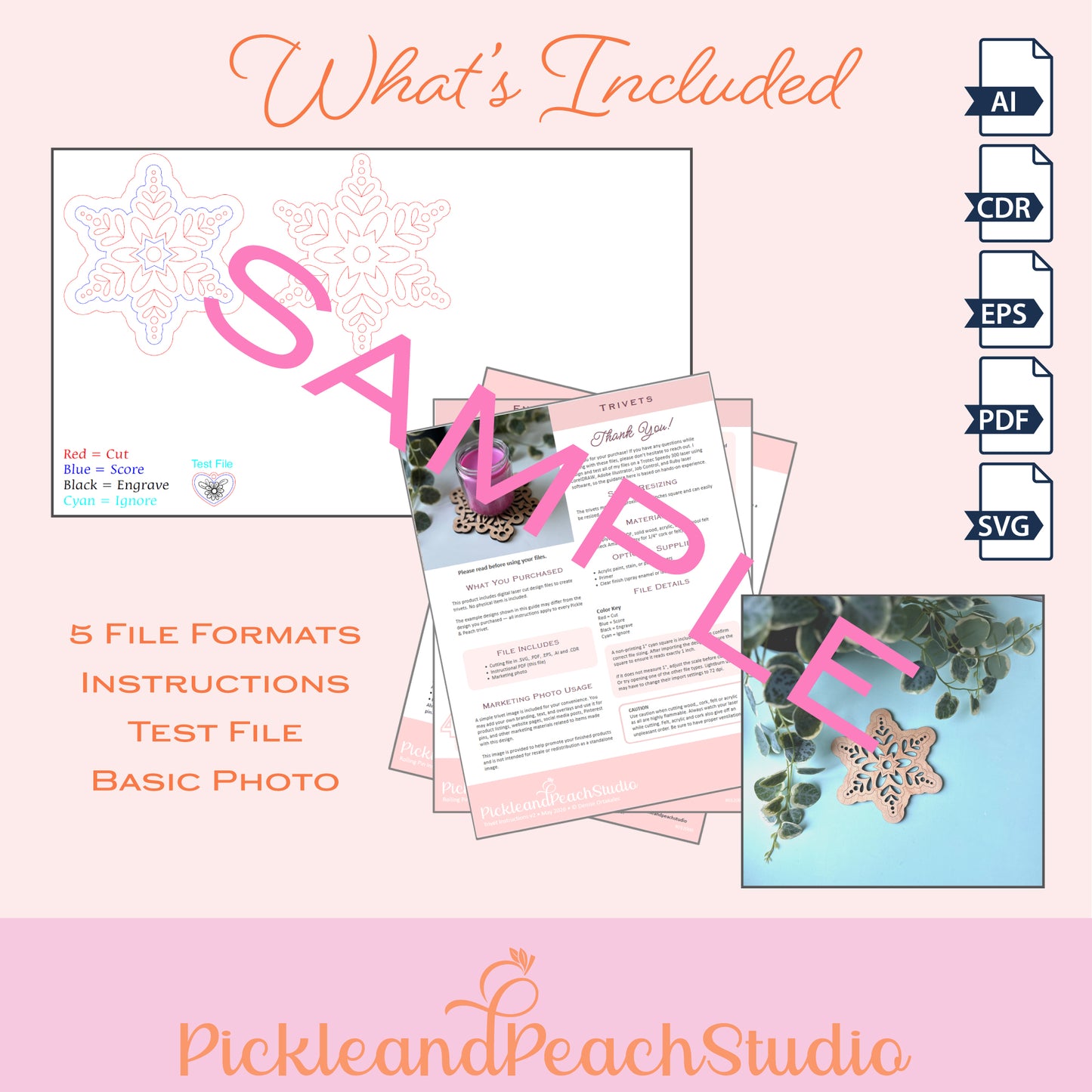 Promotional graphic for PickleandPeachStudio with file formats and sample text on a pink background.