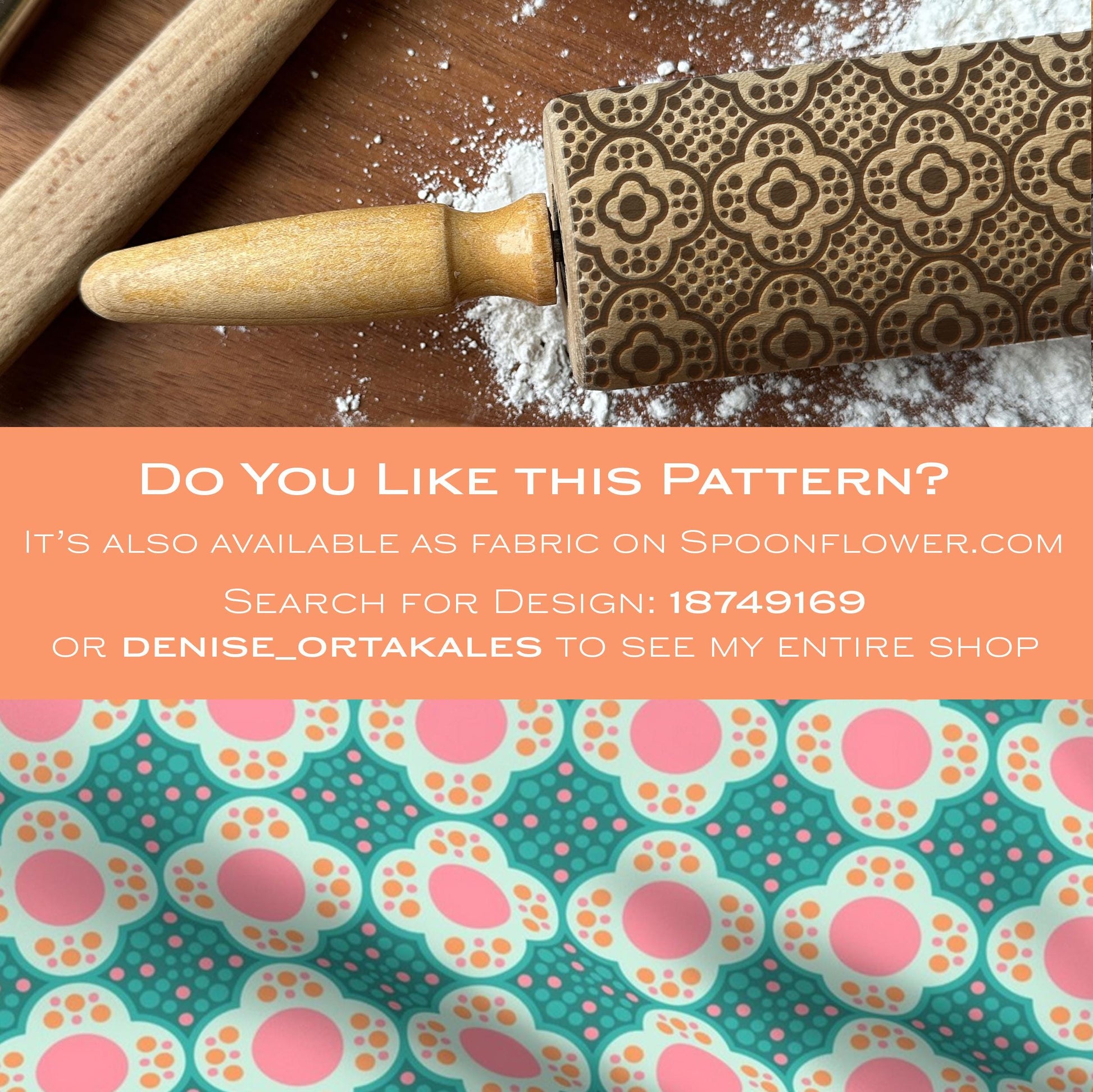 Rolling pin with patterned design on a wooden surface with flour, and fabric with similar pattern below.