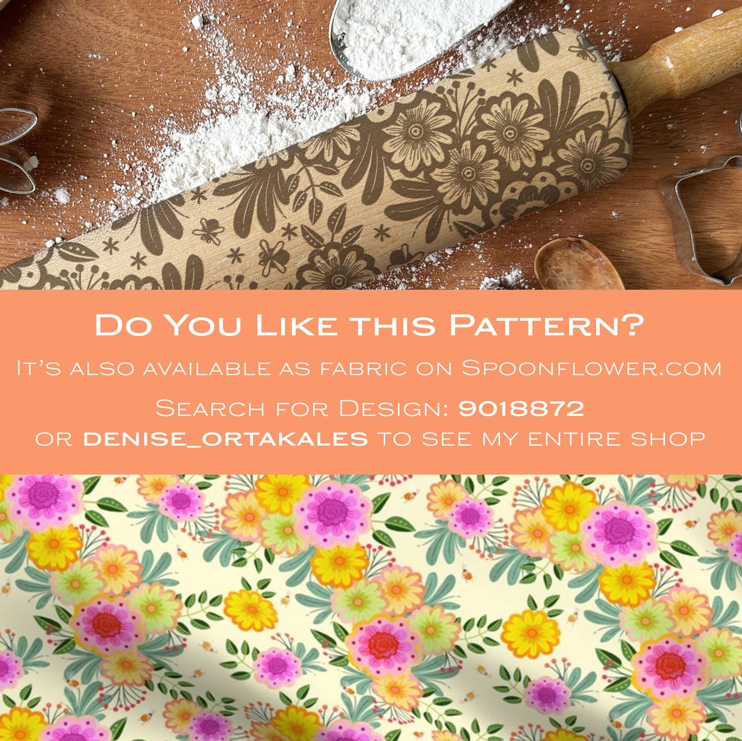 Decorative rolling pin with floral pattern on a wooden surface, with promotional text overlay.