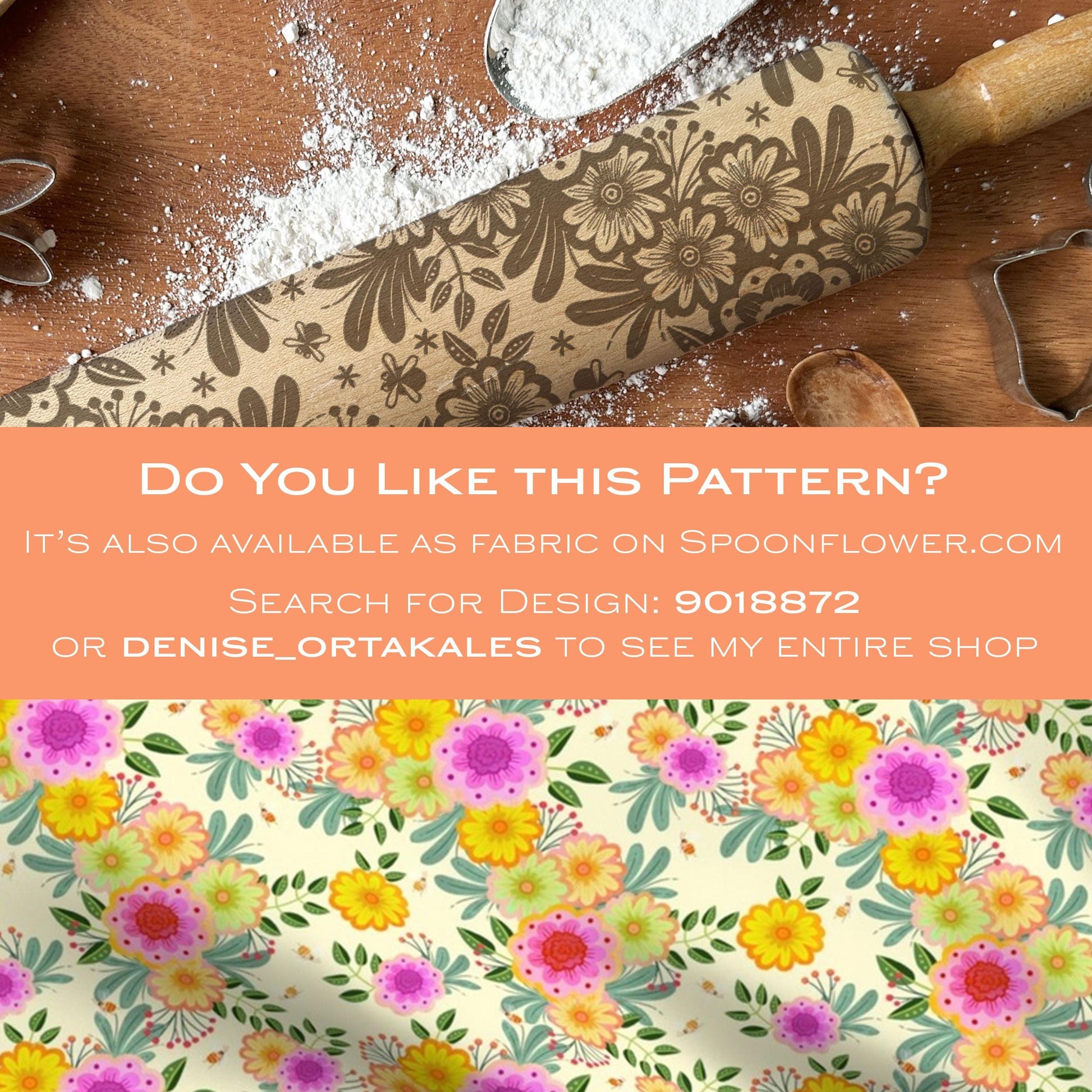 Decorative rolling pin with floral pattern on a wooden surface, with promotional text overlay.