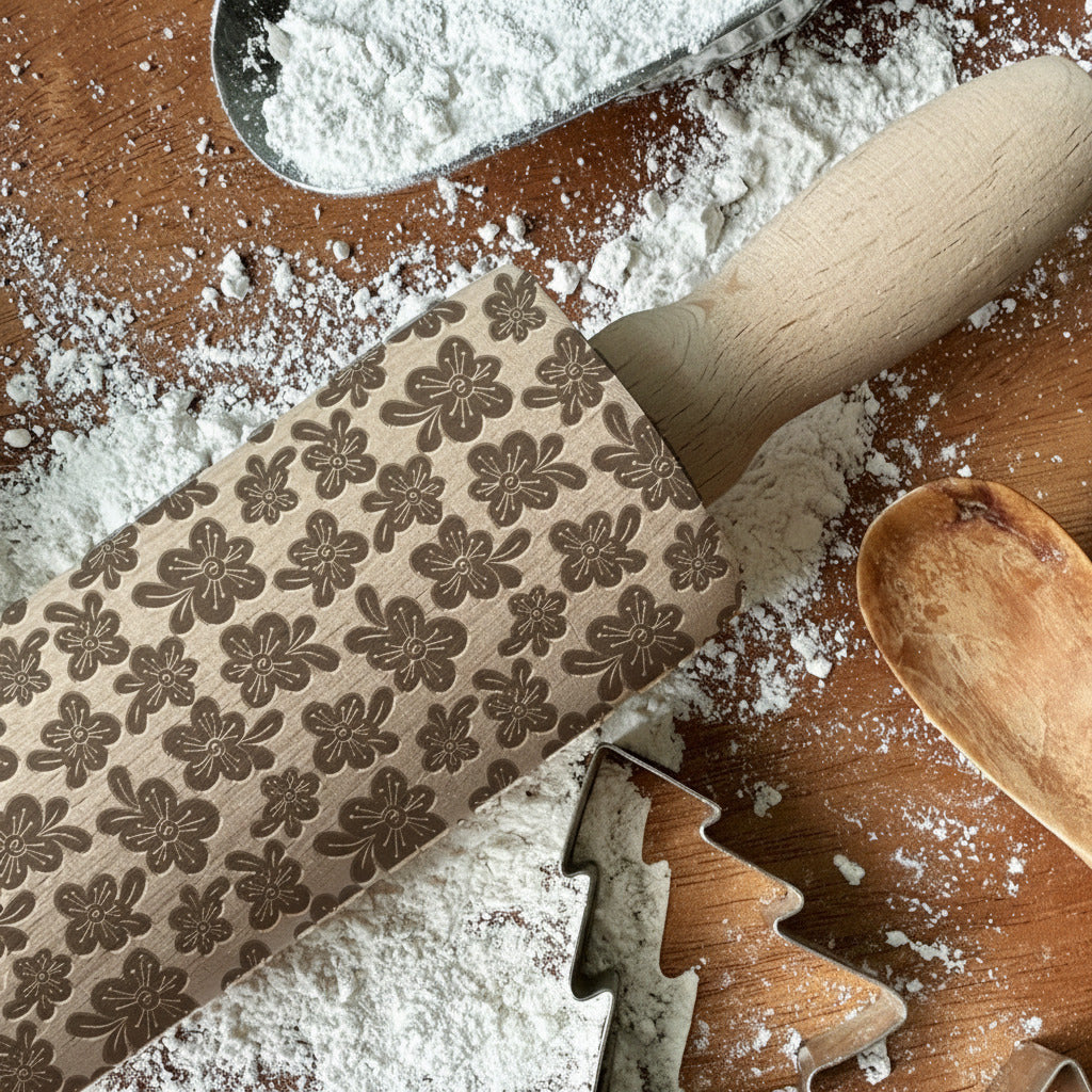 Rolling pin with floral patterns on a wooden surface with flour, wooden spoon, and cookie cutters.