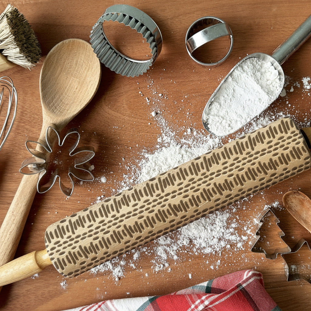 Baking tools including a rolling pin, wooden spoon, and cookie cutters on a wooden surface with flour.
