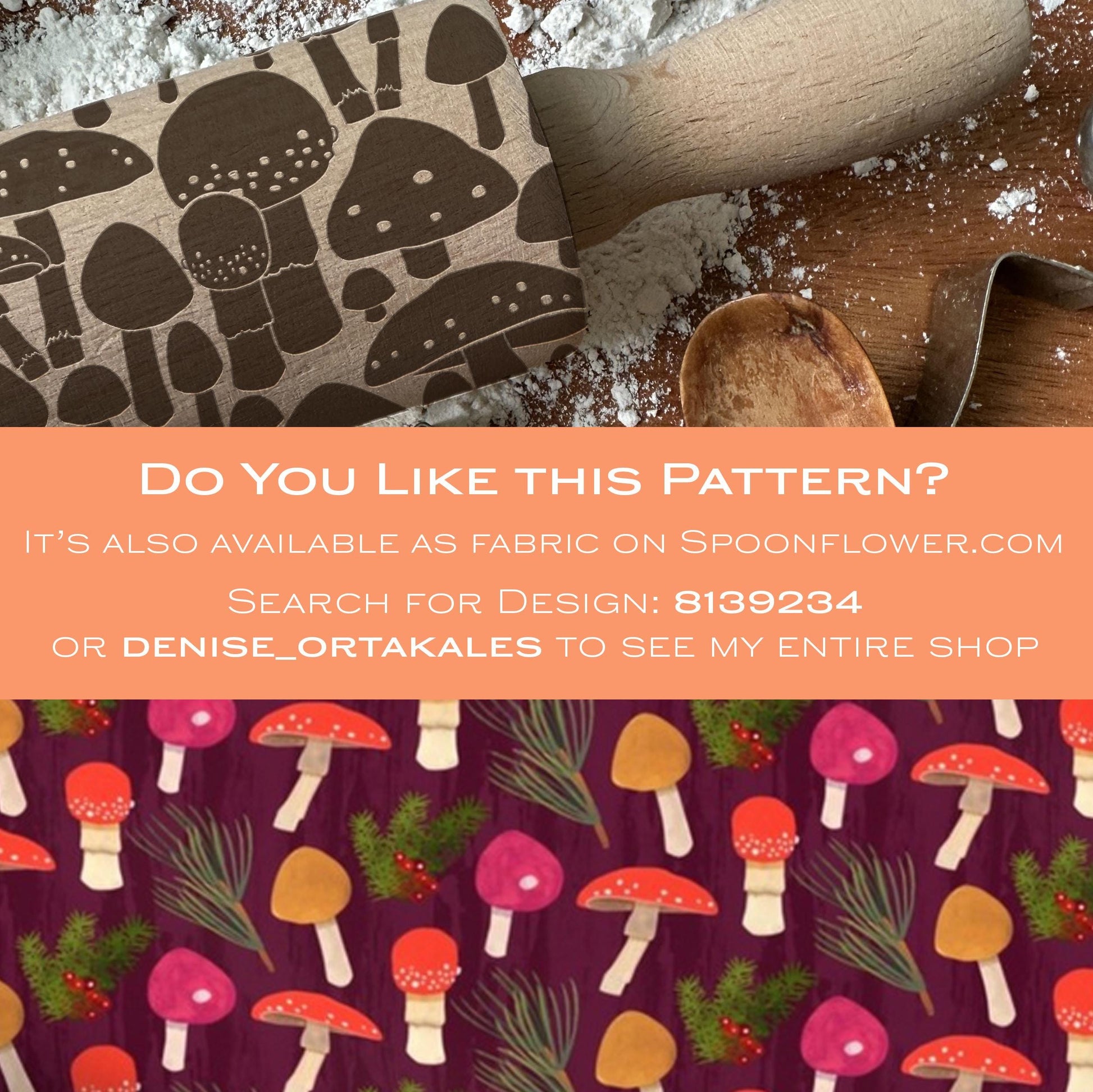 Patterned rolling pin with mushroom design on a wooden surface.