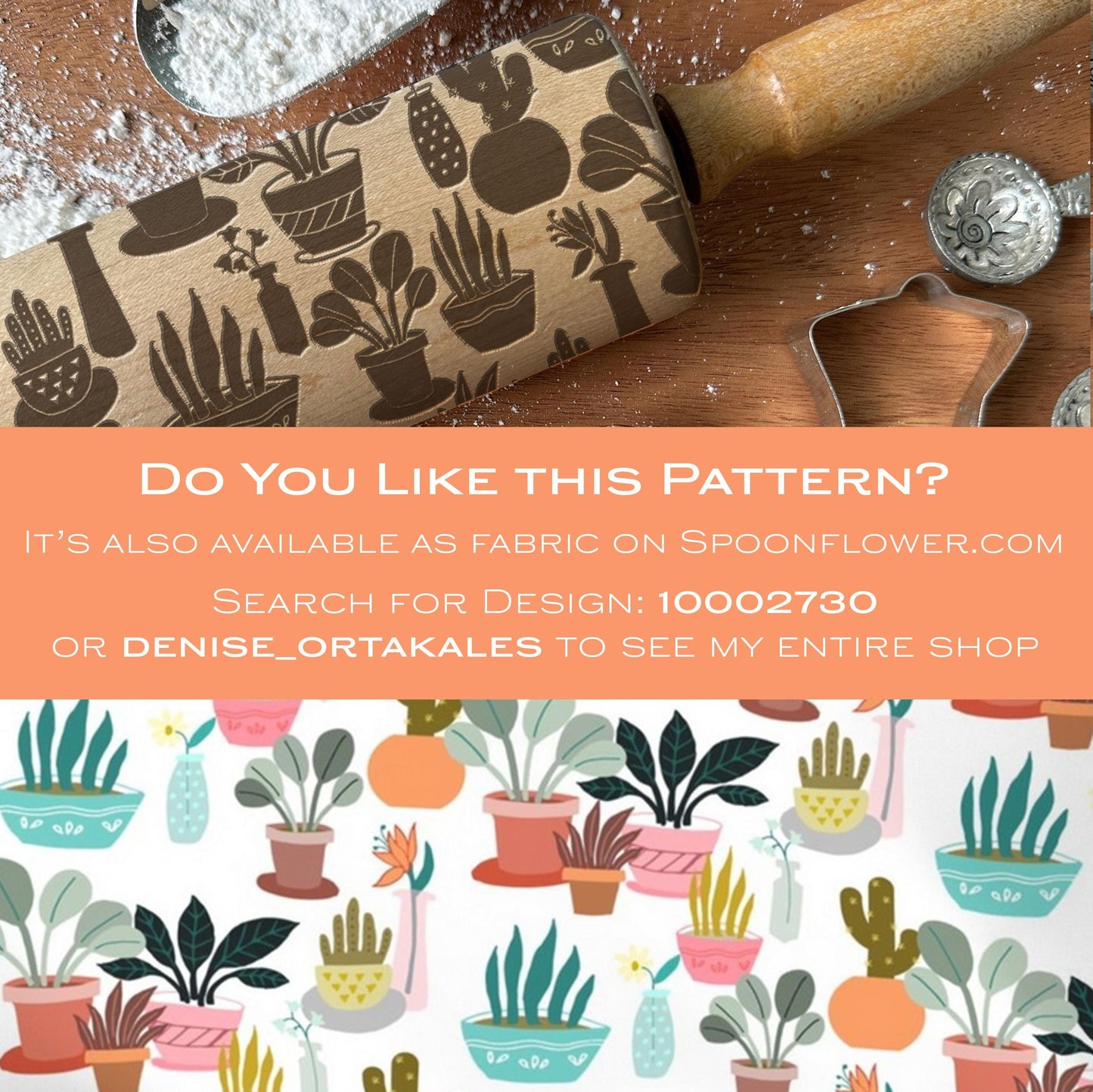 Patterned fabric with plant design on a wooden surface with a rolling pin and cookie cutters.