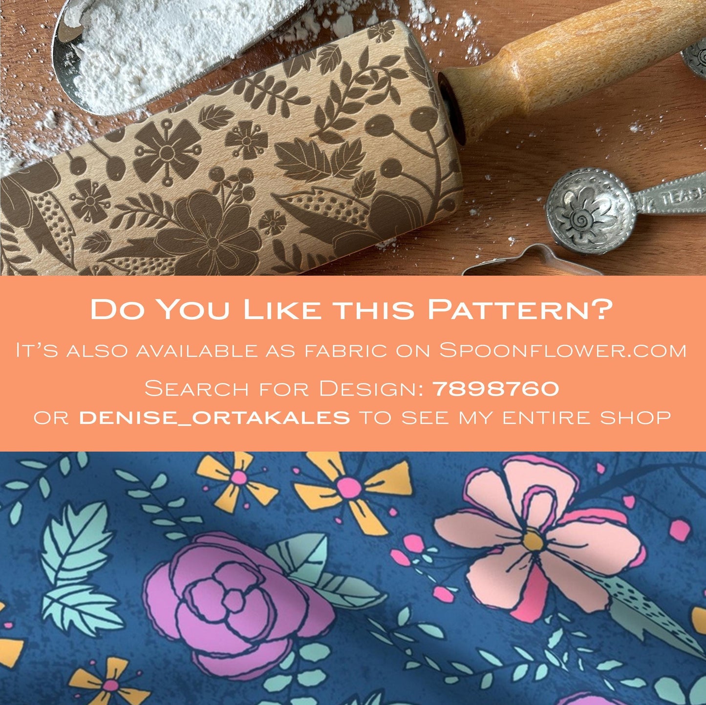 Floral fabric pattern with a decorative rolling pin on a wooden surface