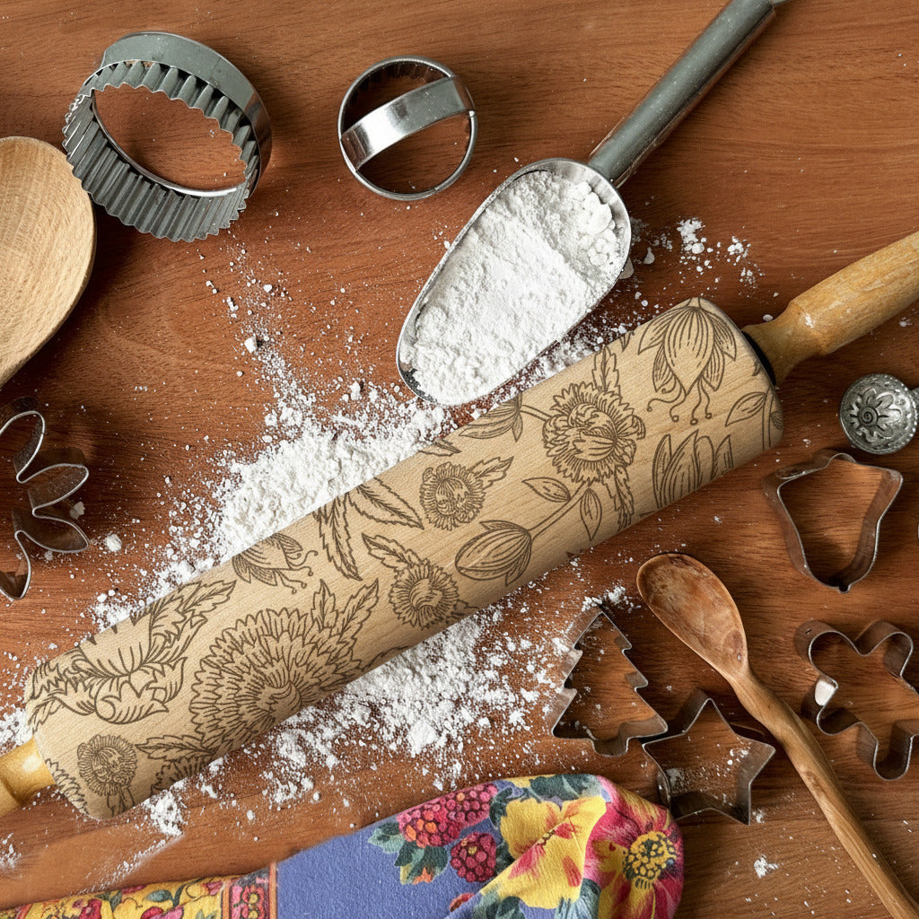 Baking tools including a floral-patterned rolling pin, wooden spoon, and cookie cutters on a wooden surface with flour.