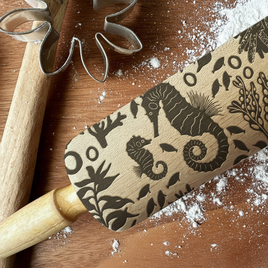 Decorative rolling pin with seahorse design on a wooden surface with flour, branded 'Pickle and Peach Studio'.