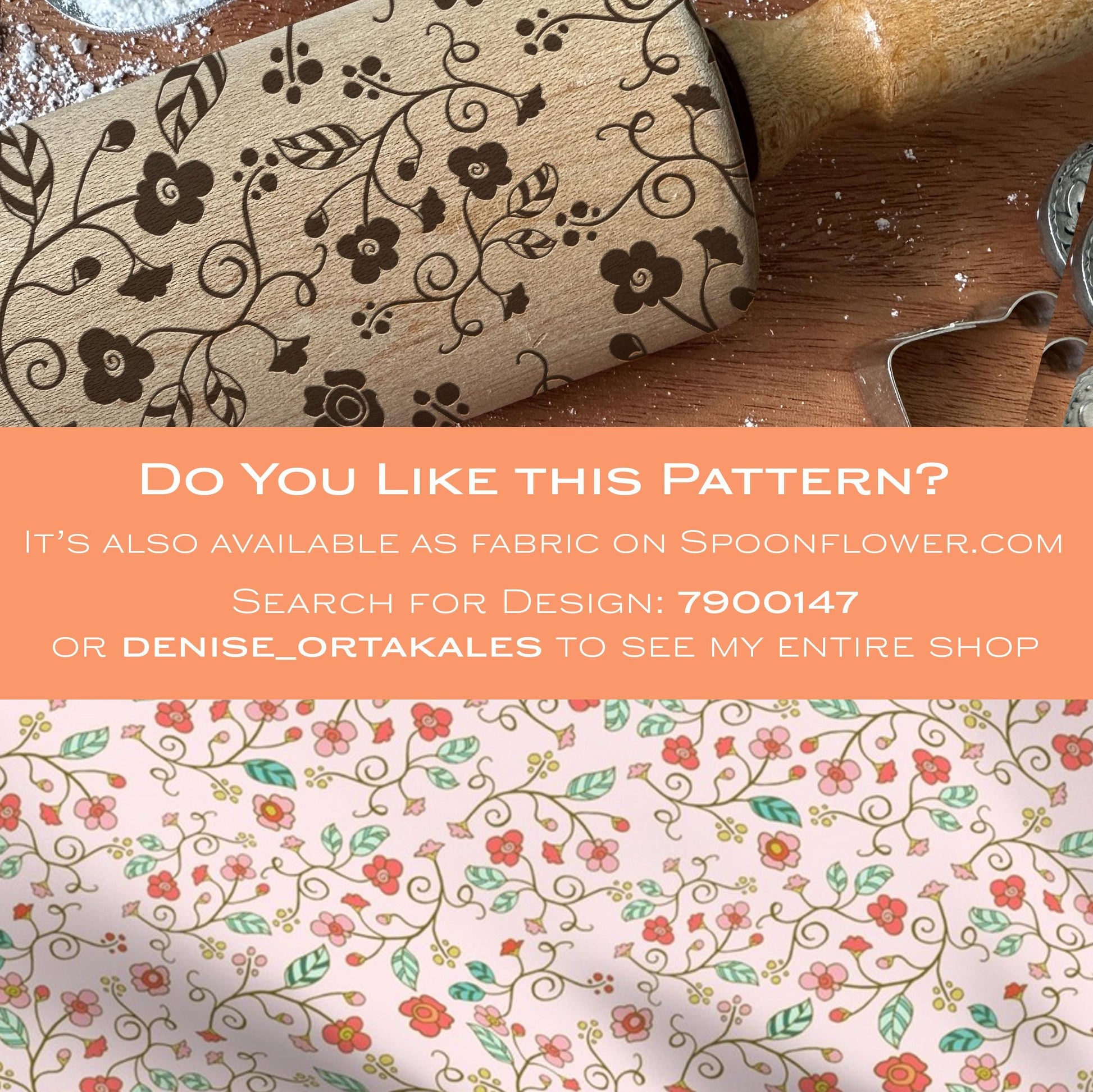 Wooden rolling pin with floral pattern on a wooden surface, promotional text overlay.
