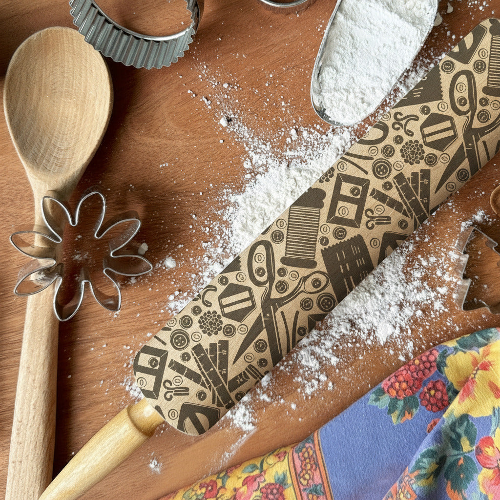 Wooden rolling pin with decorative patterns on a wooden surface with flour, surrounded by baking tools.