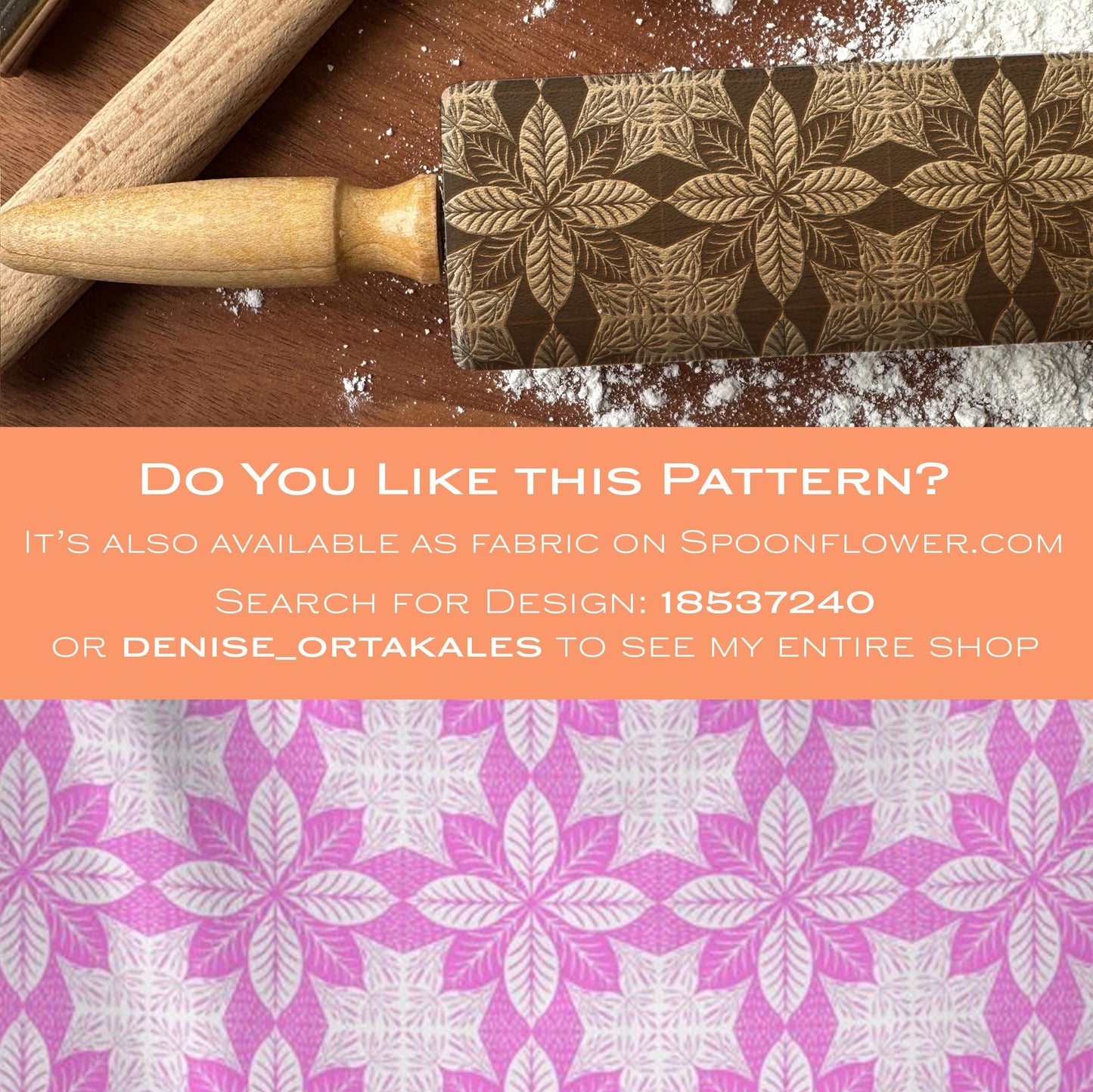 Rolling pin with floral pattern on a wooden surface, promotional text overlay.