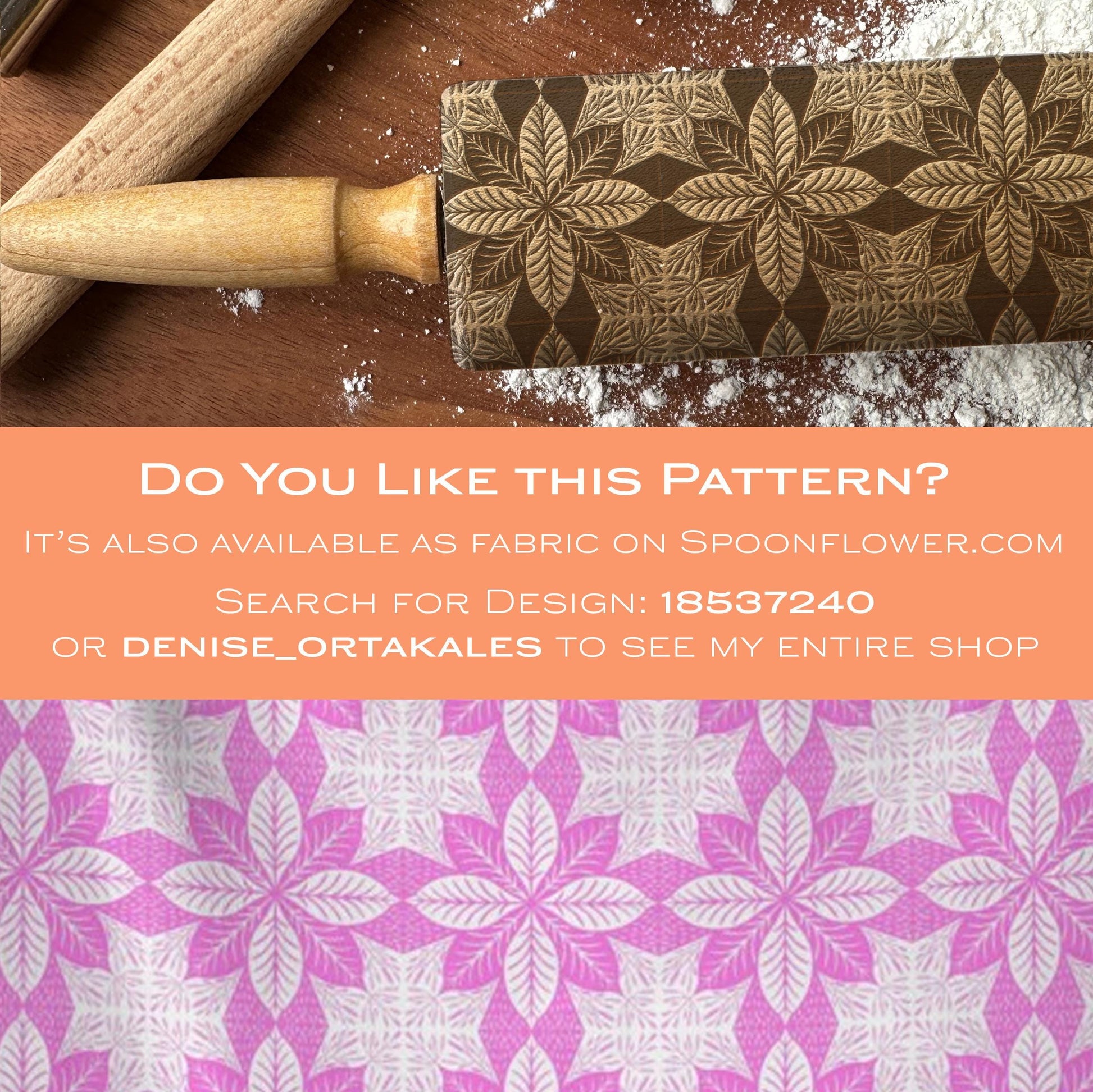Rolling pin with floral pattern on a wooden surface, promotional text overlay.