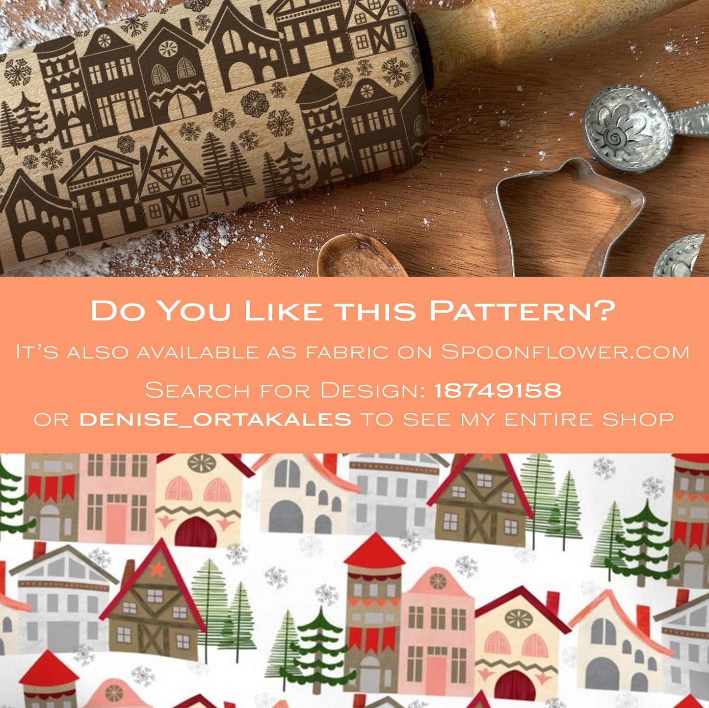 Wooden stamp with house pattern on a wooden surface, with promotional text overlay.