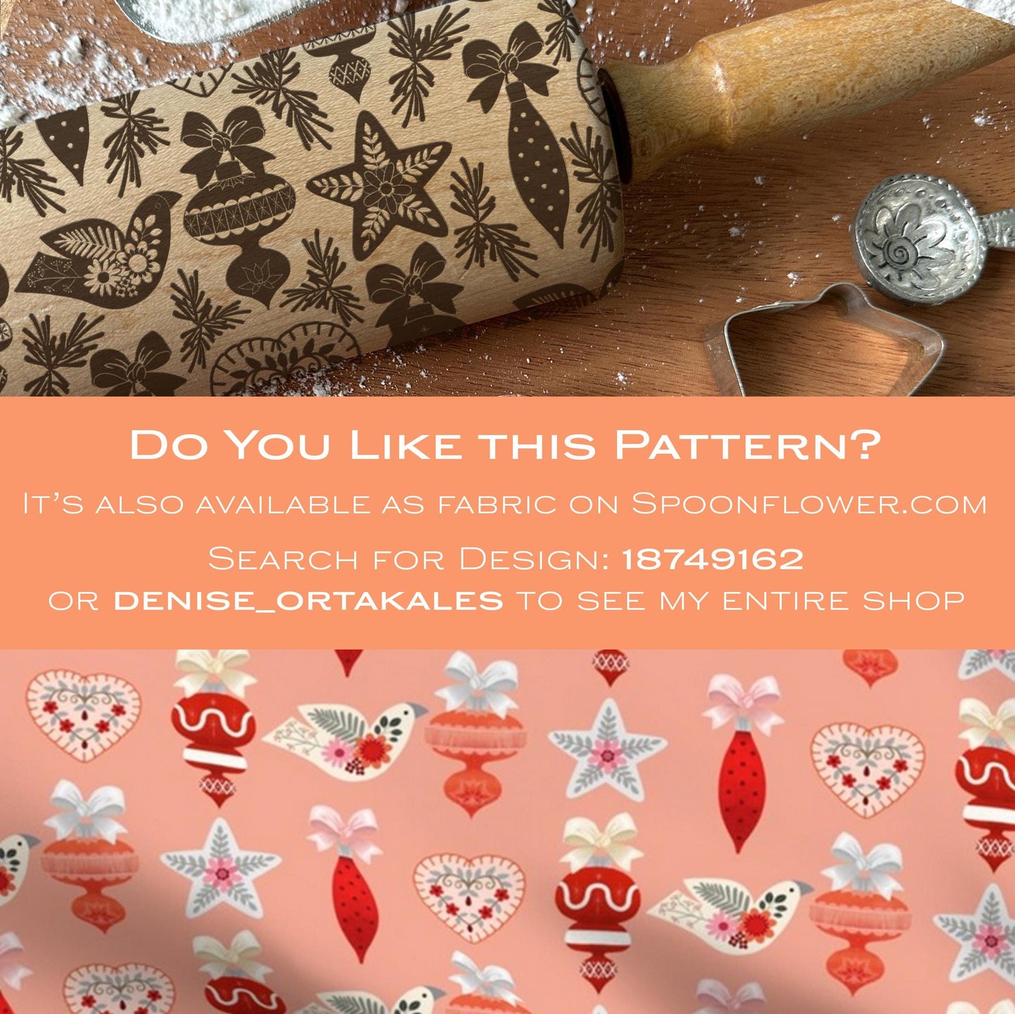 Patterned rolling pin with Christmas designs on a wooden surface, promotional text overlay.