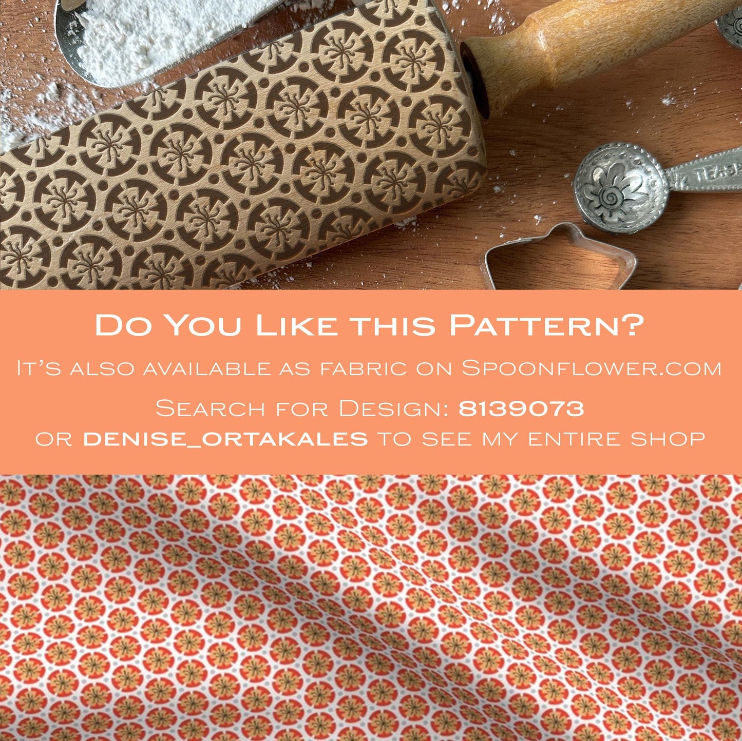 Patterned rolling pin and fabric with promotional text for Spoonflower.com