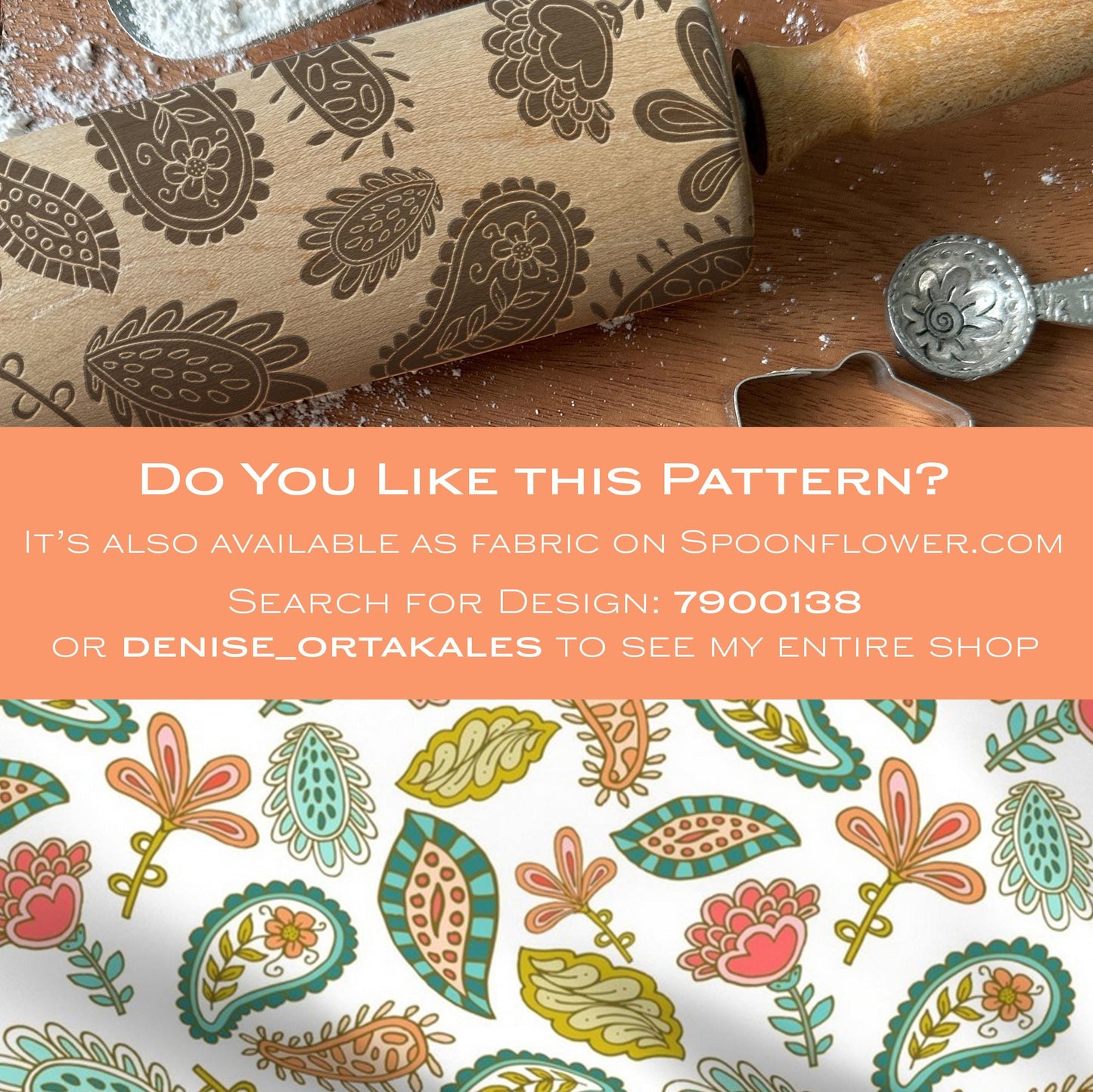 Wooden rolling pin with floral pattern on a wooden surface, accompanied by promotional text for Spoonflower fabric design.