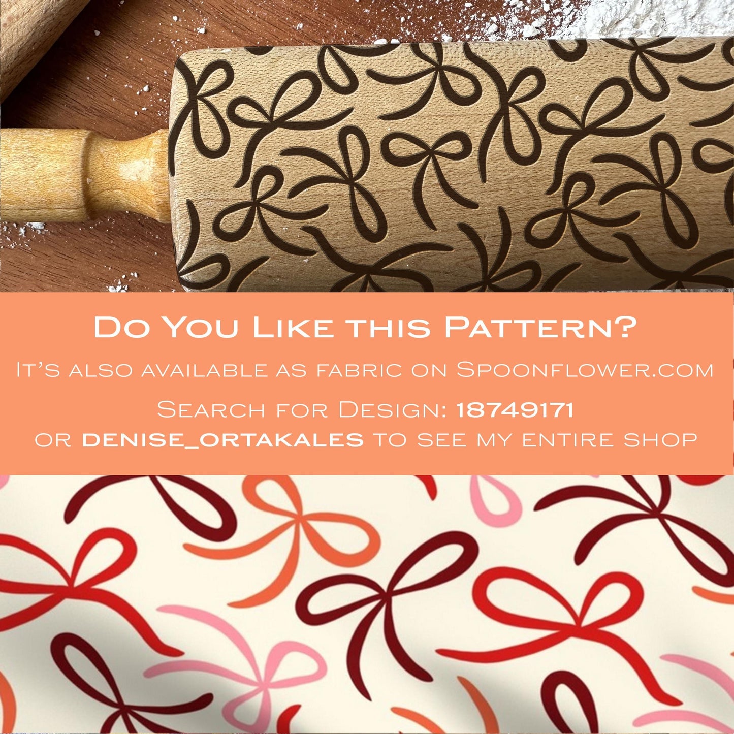 Rolling pin with decorative pattern and fabric swatch with similar design on Spoonflower.com