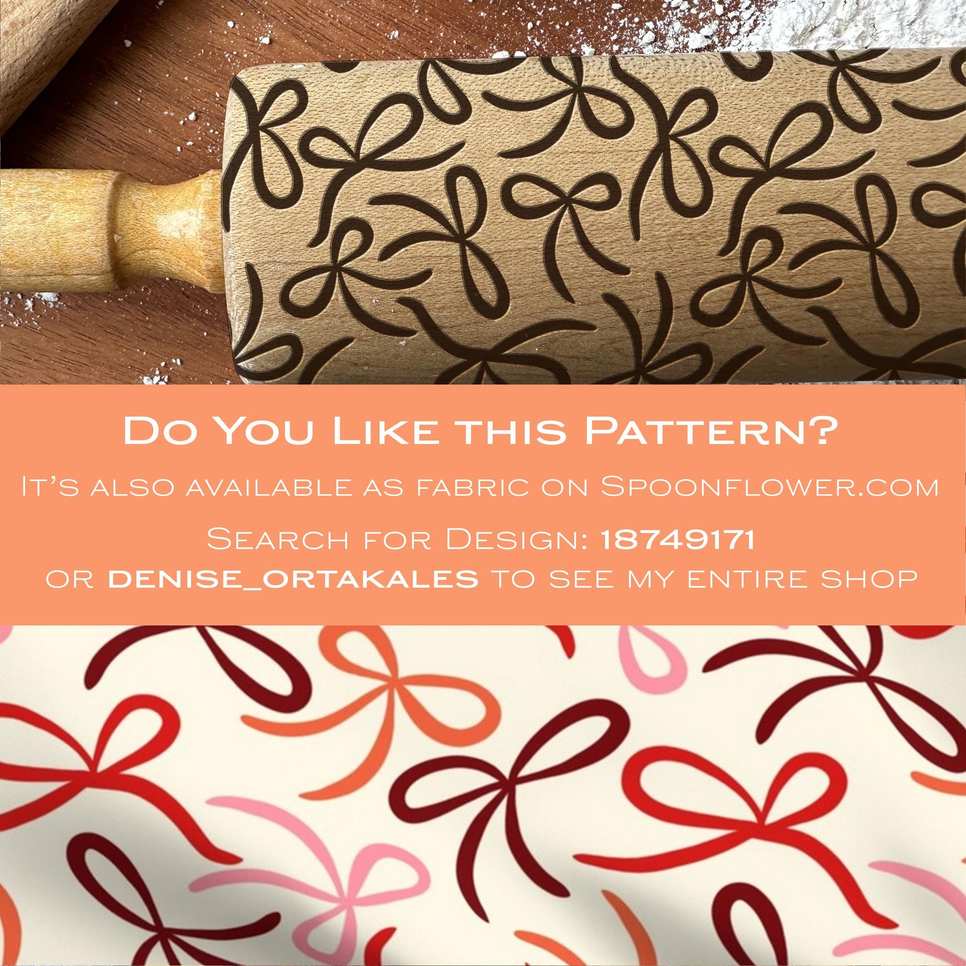 Rolling pin with decorative pattern and fabric swatch with similar design on Spoonflower.com