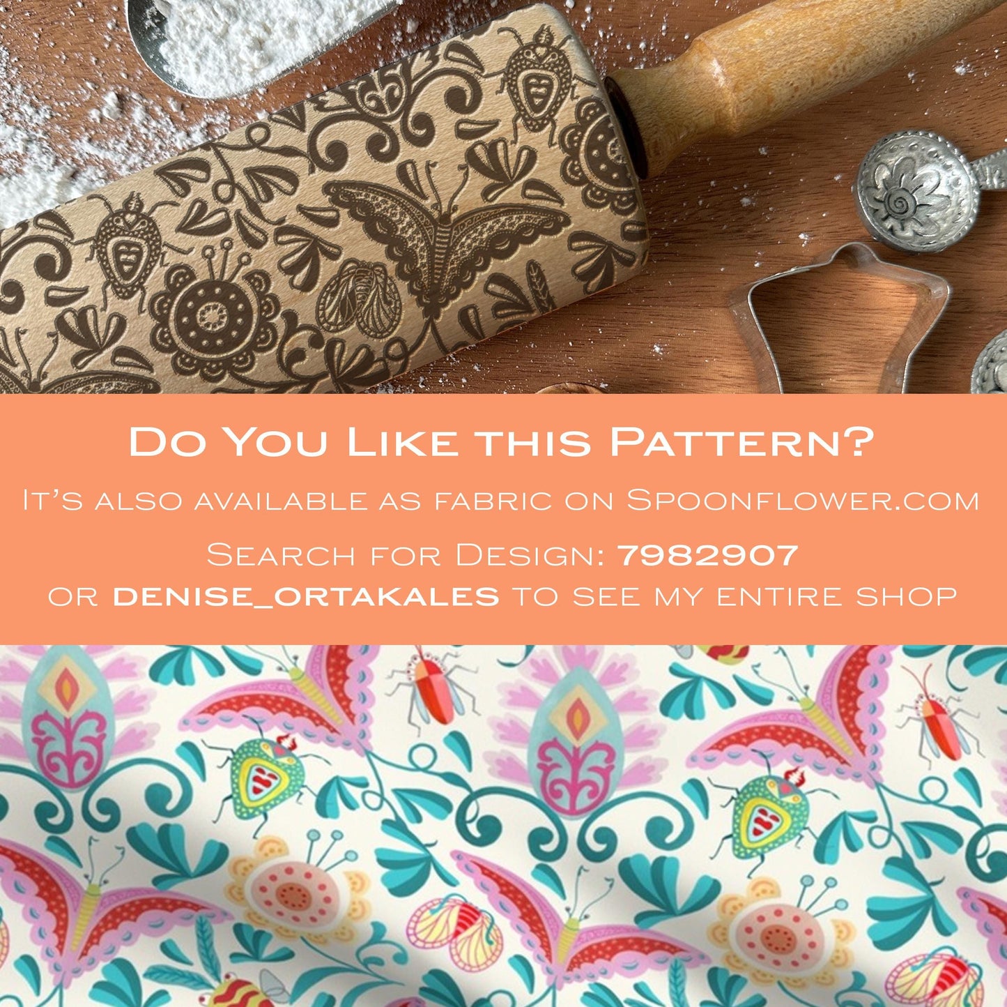 Decorative rolling pin with pattern on a wooden surface, surrounded by cookie cutters, with promotional text overlay.