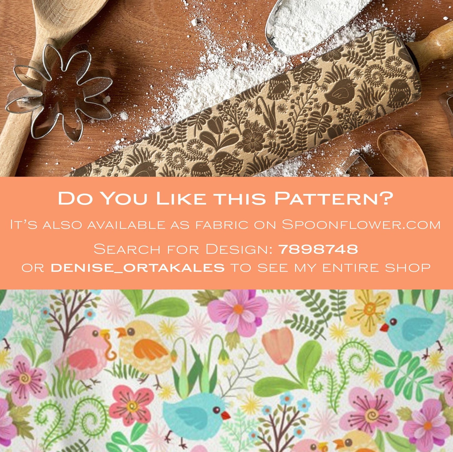 Floral-patterned rolling pin on a wooden surface with text overlay.