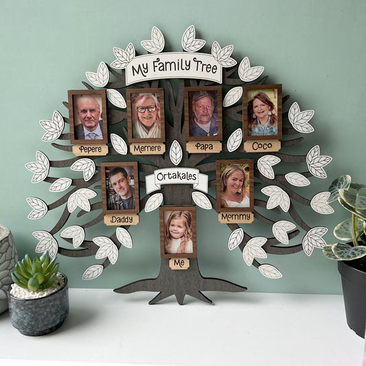 Family tree photo frame with family portraits on a light green background