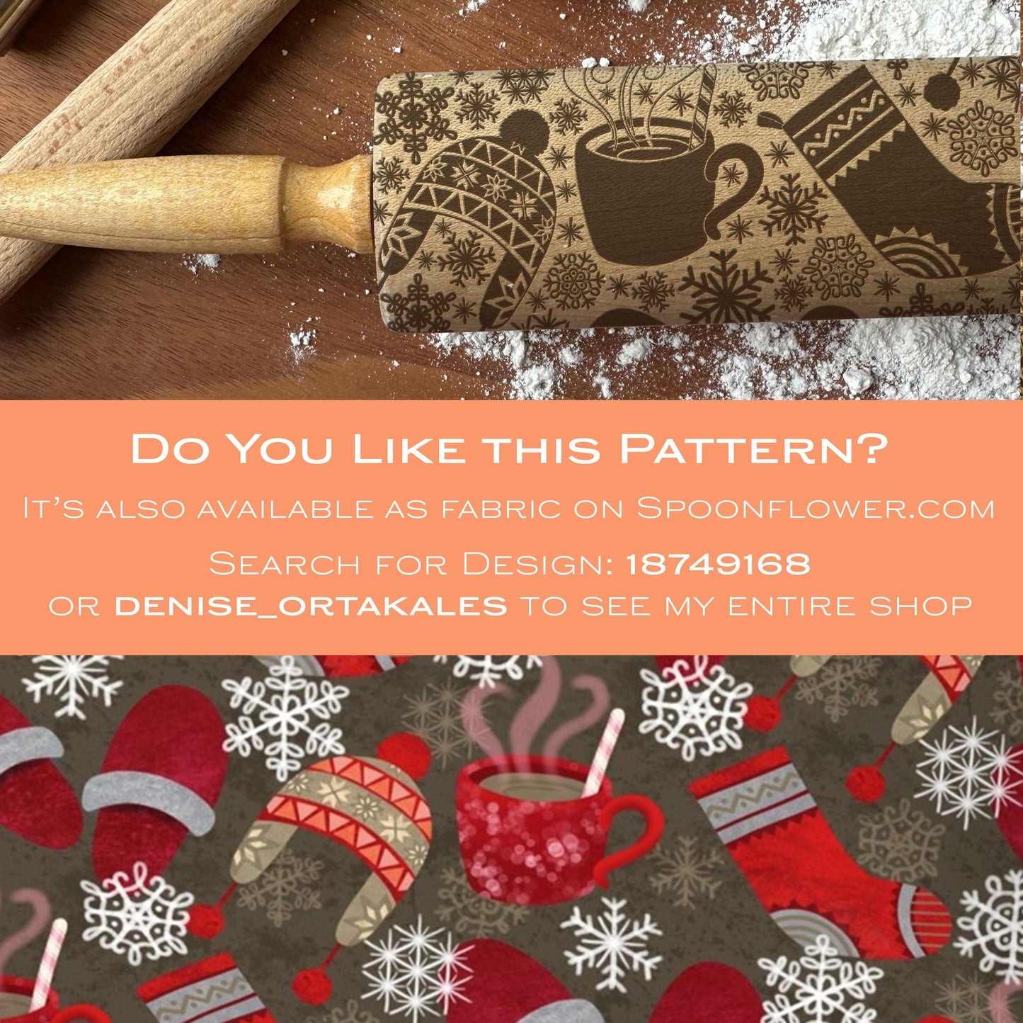 Decorative rolling pin with winter-themed pattern on a wooden surface.