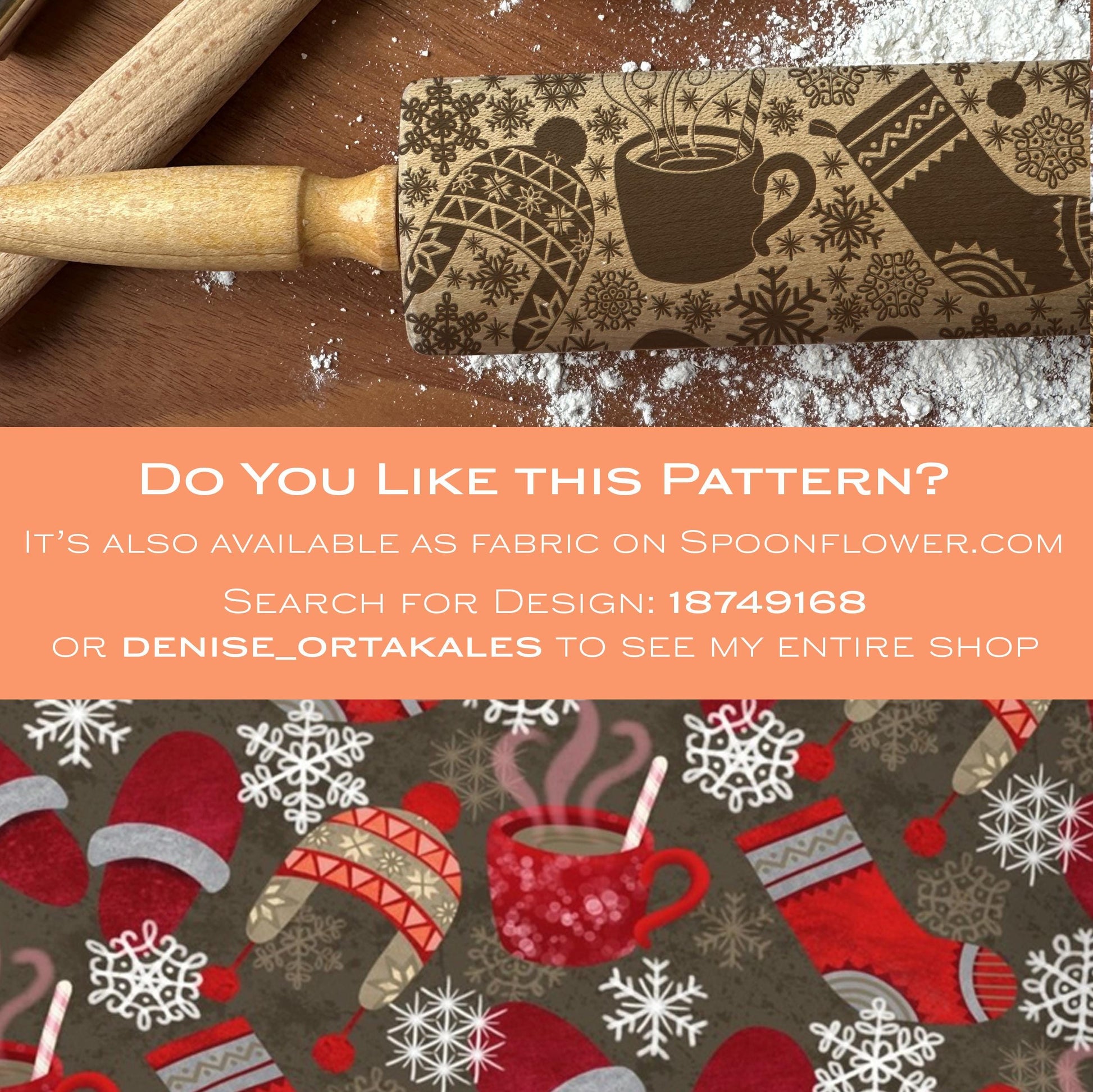 Decorative rolling pin with winter-themed pattern on a wooden surface.