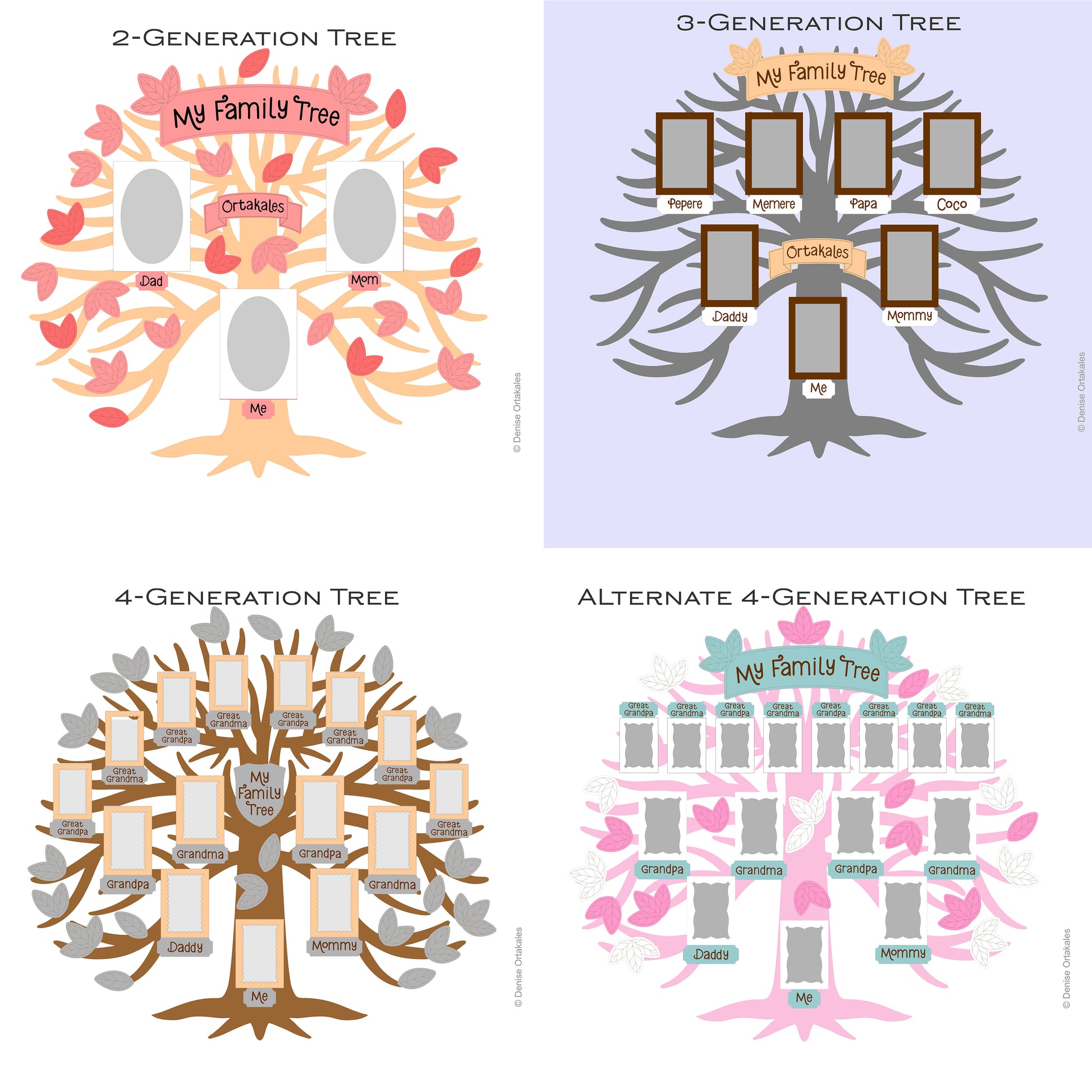Four different family tree diagrams for 2, 3, 4, and alternate 4 generations.
