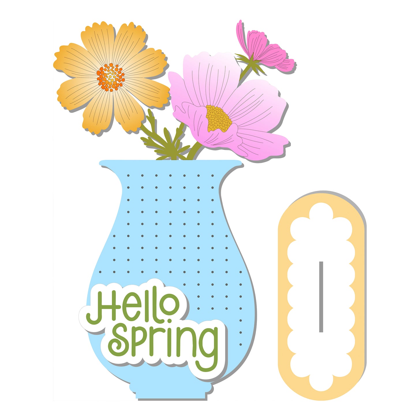 Decorative cutout with 'Hello Spring' text, flowers, and a vase on a white background